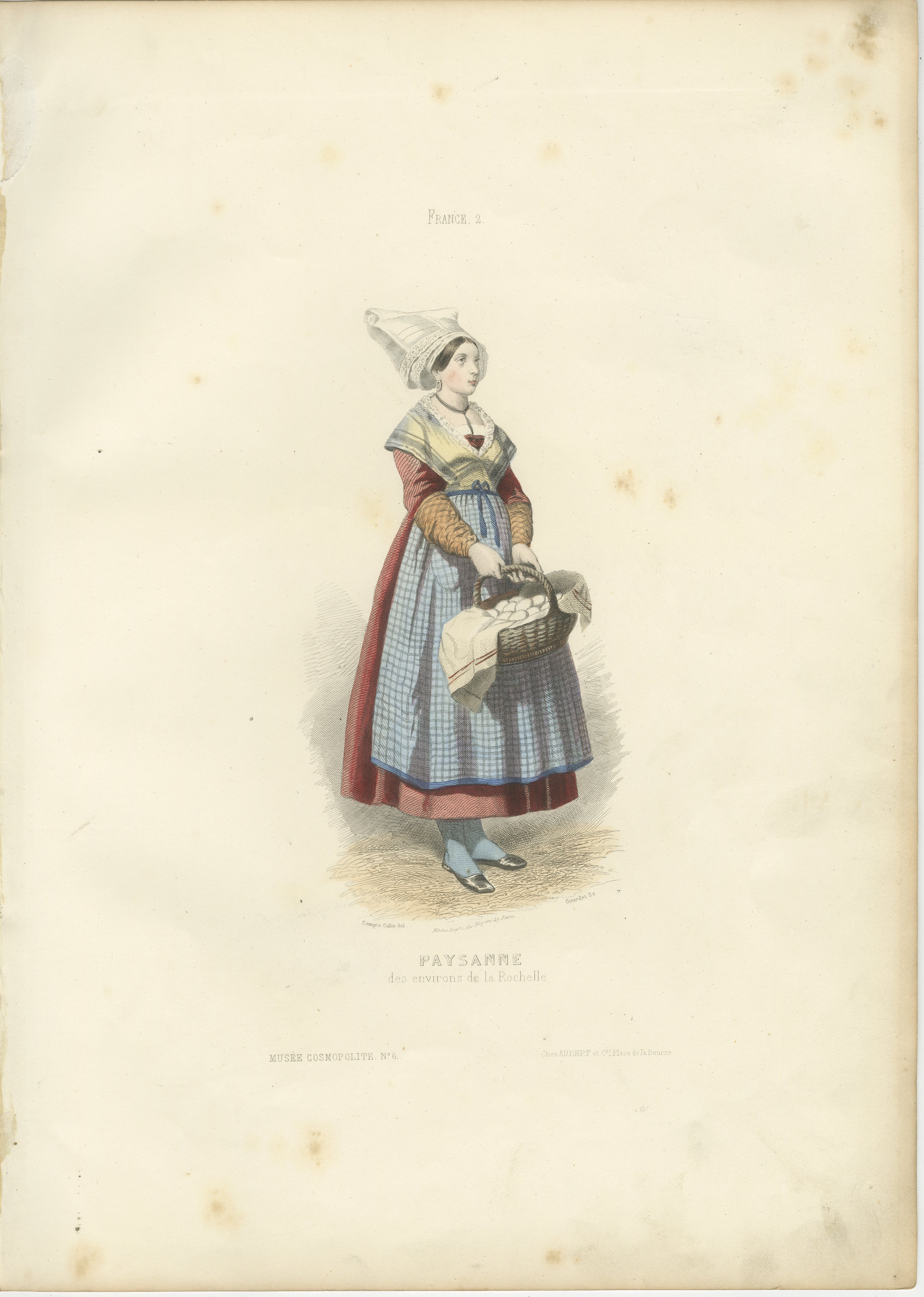 Französische Bäuerin Druck La Rochelle 1853 von Compte-Calix - Handkolorierte Lithographie

Dieser elegante antike Druck zeigt eine Bäuerin (Paysanne) aus der Umgebung von La Rochelle, Frankreich. Es wurde von François Claudius Compte-Calix