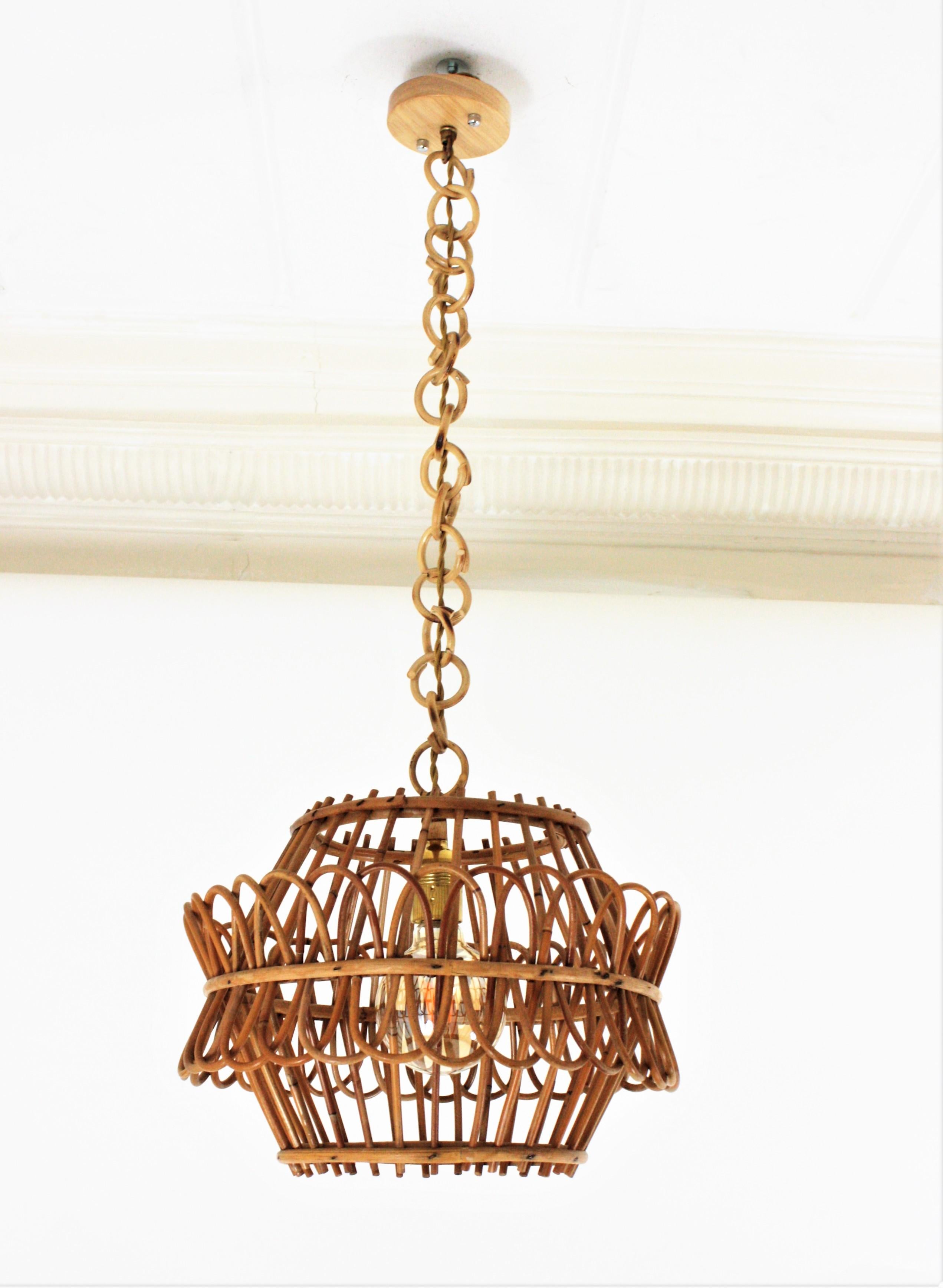 Bamboo French Pendant Light or Lantern in Rattan, 1950s For Sale