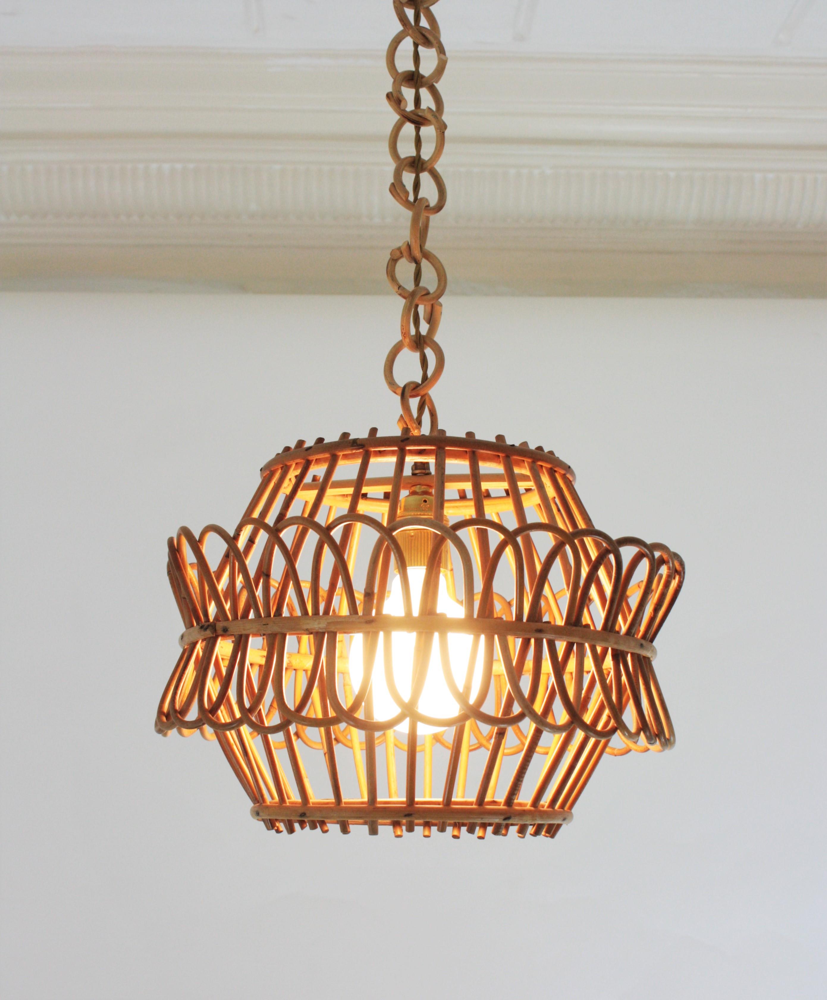 French Pendant Light or Lantern in Rattan, 1950s For Sale 1