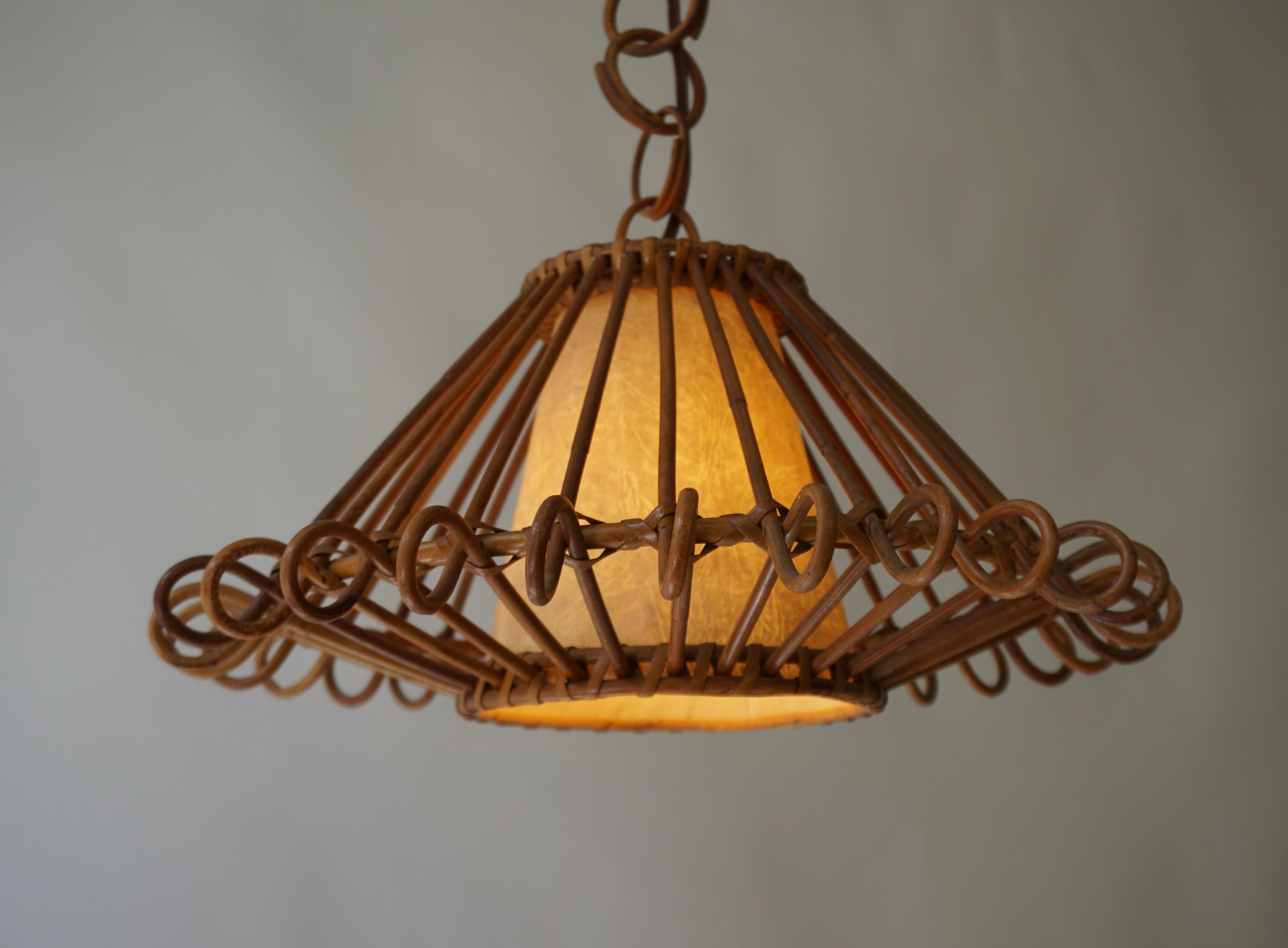 French Pendant Light or Lantern in Rattan, 1950s For Sale 6