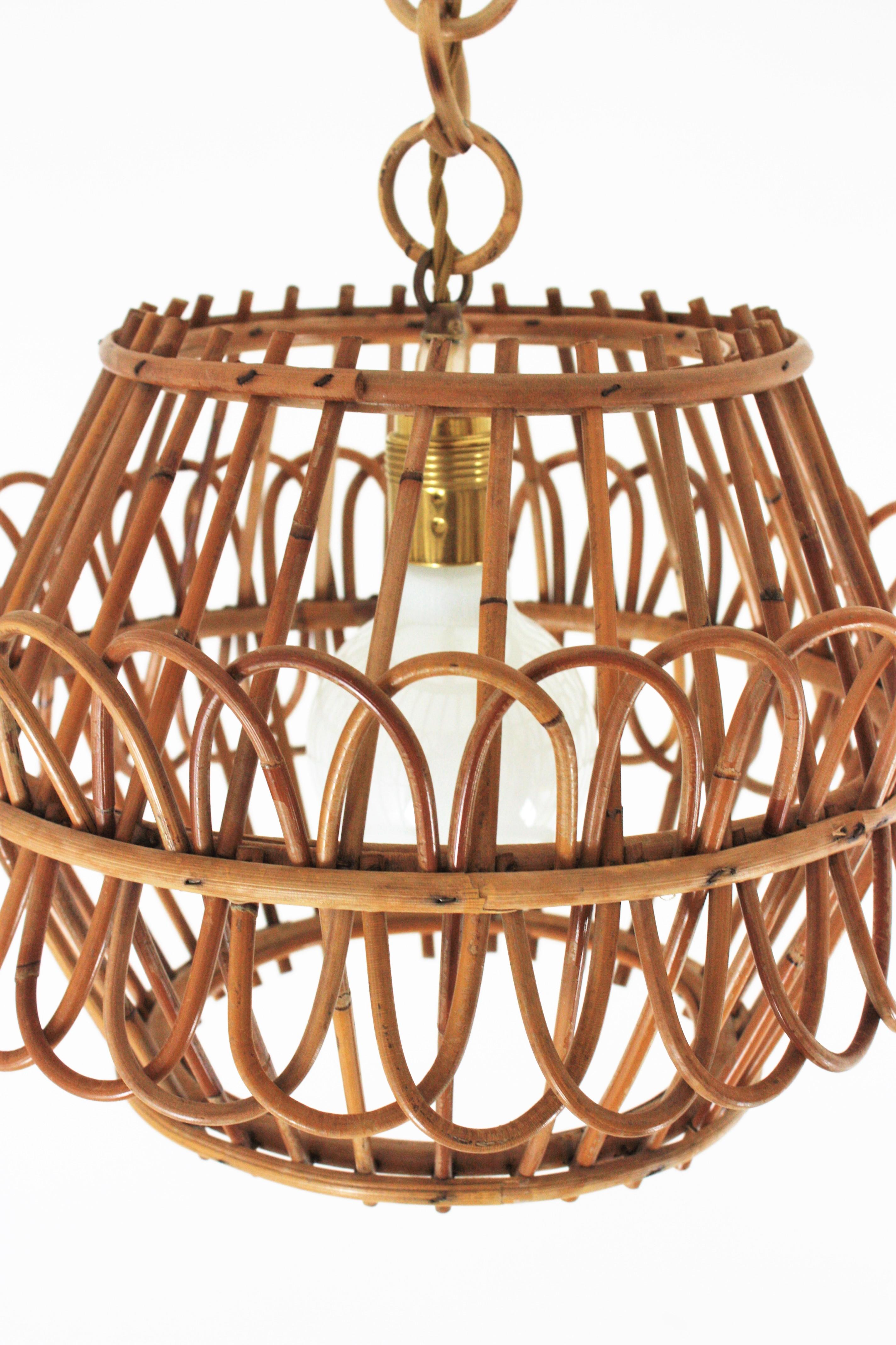 French Pendant Light or Lantern in Rattan, 1950s For Sale 6