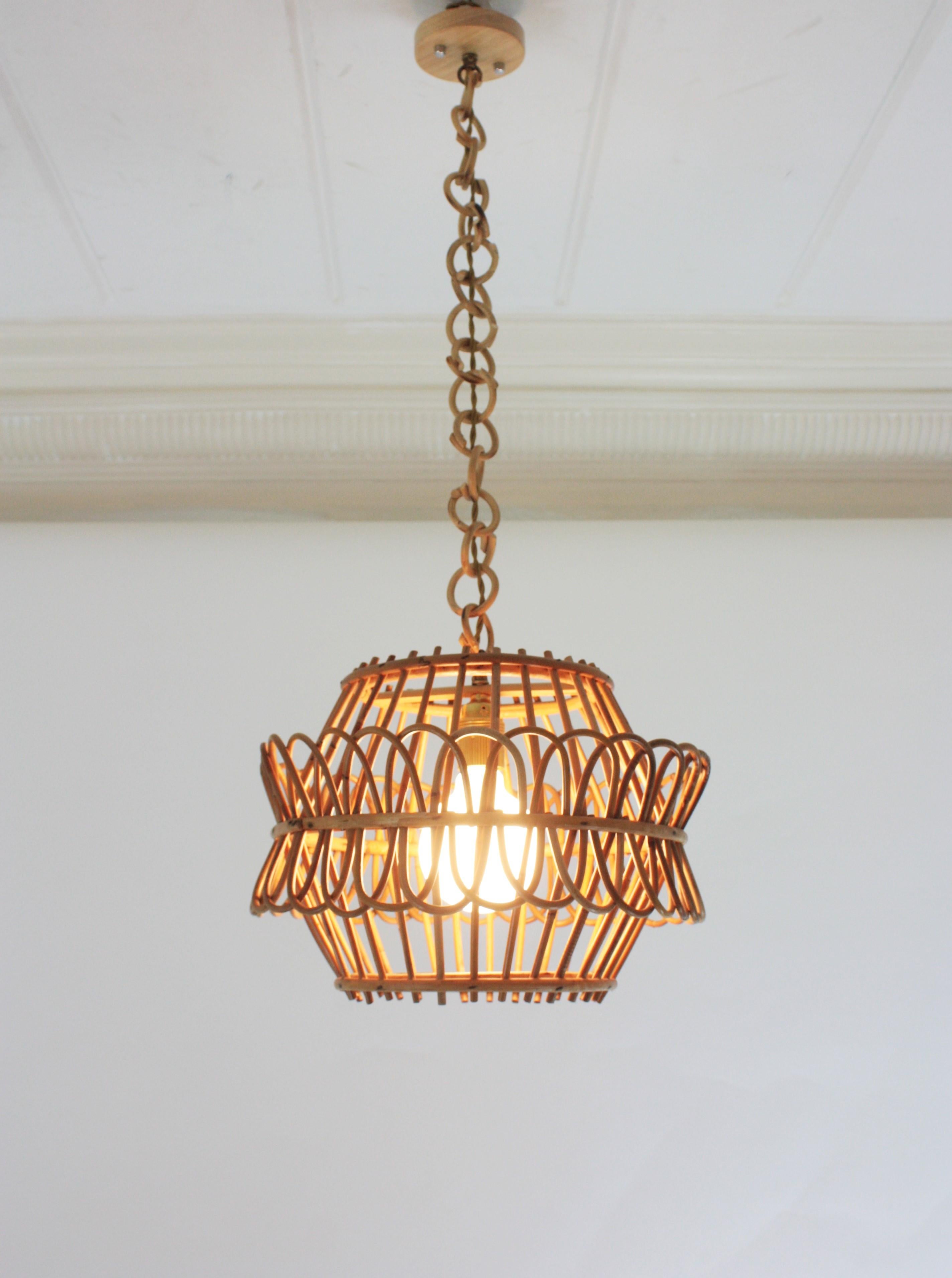 French Pendant Light or Lantern in Rattan, 1950s For Sale 8