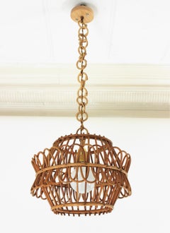 Lámpara colgante o farol francés de ratán, años 50