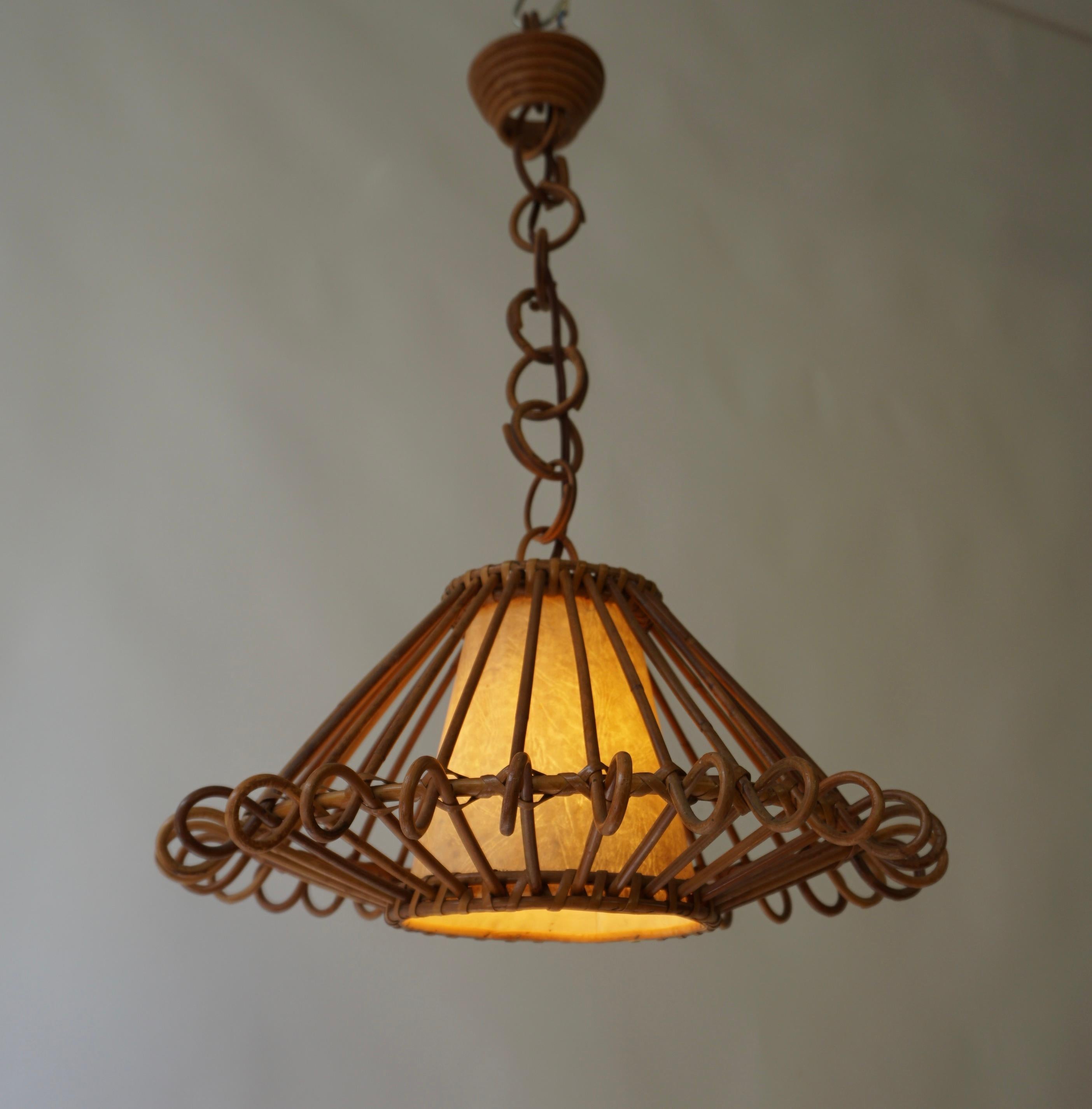 Bohemian French Pendant Light or Lantern in Rattan, 1950s For Sale