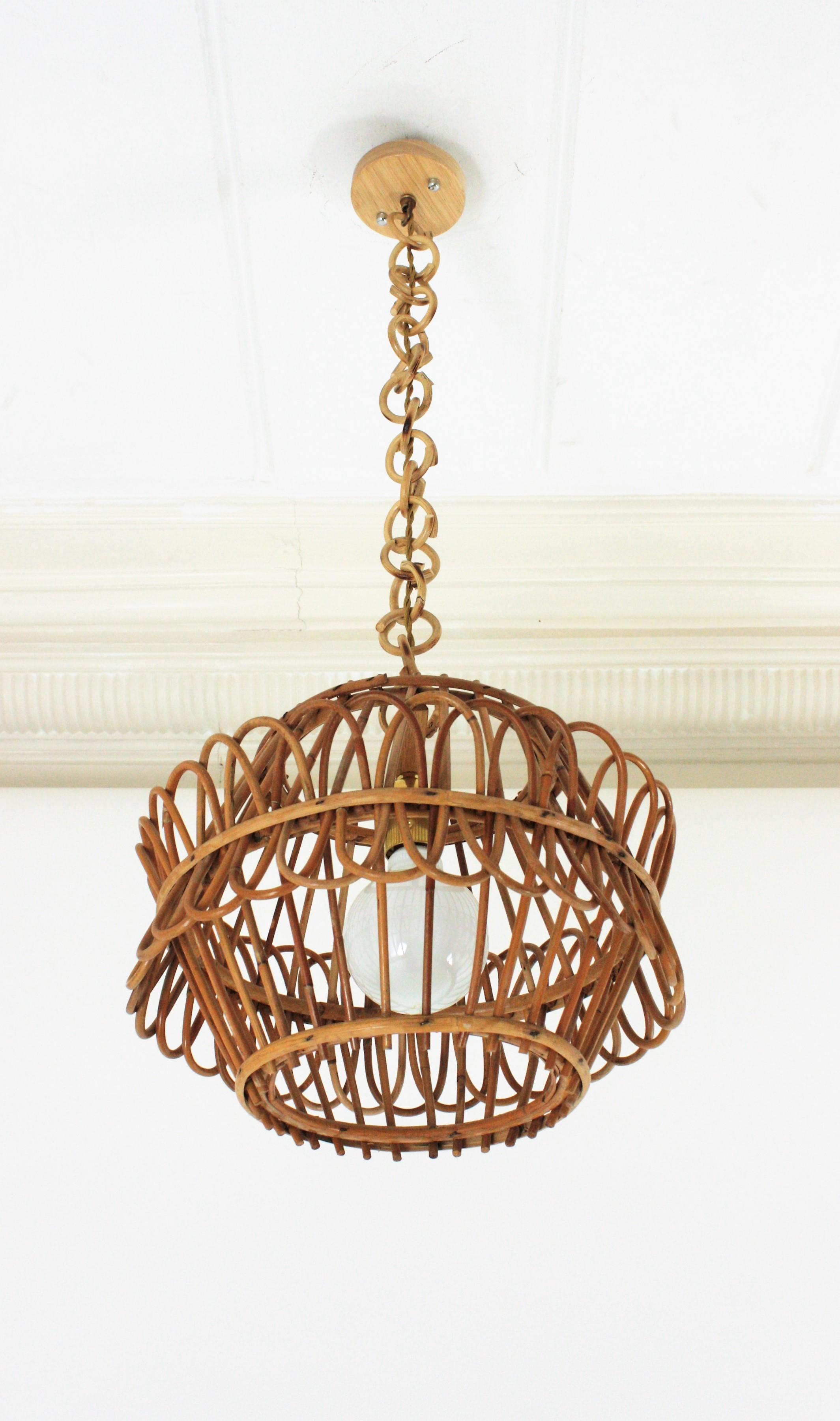 Mid-Century Modern French Pendant Light or Lantern in Rattan, 1950s For Sale