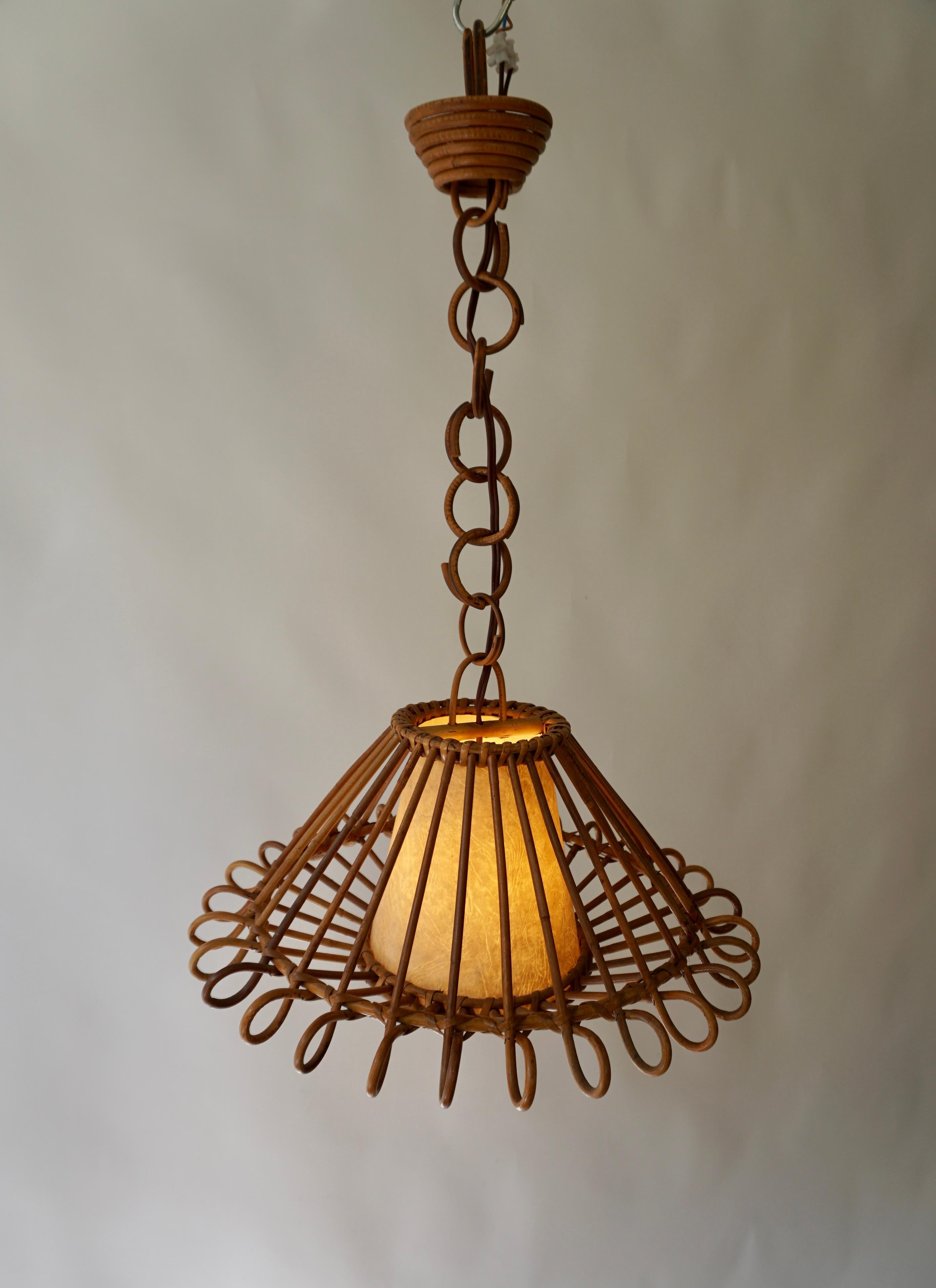 Hand-Crafted French Pendant Light or Lantern in Rattan, 1950s For Sale