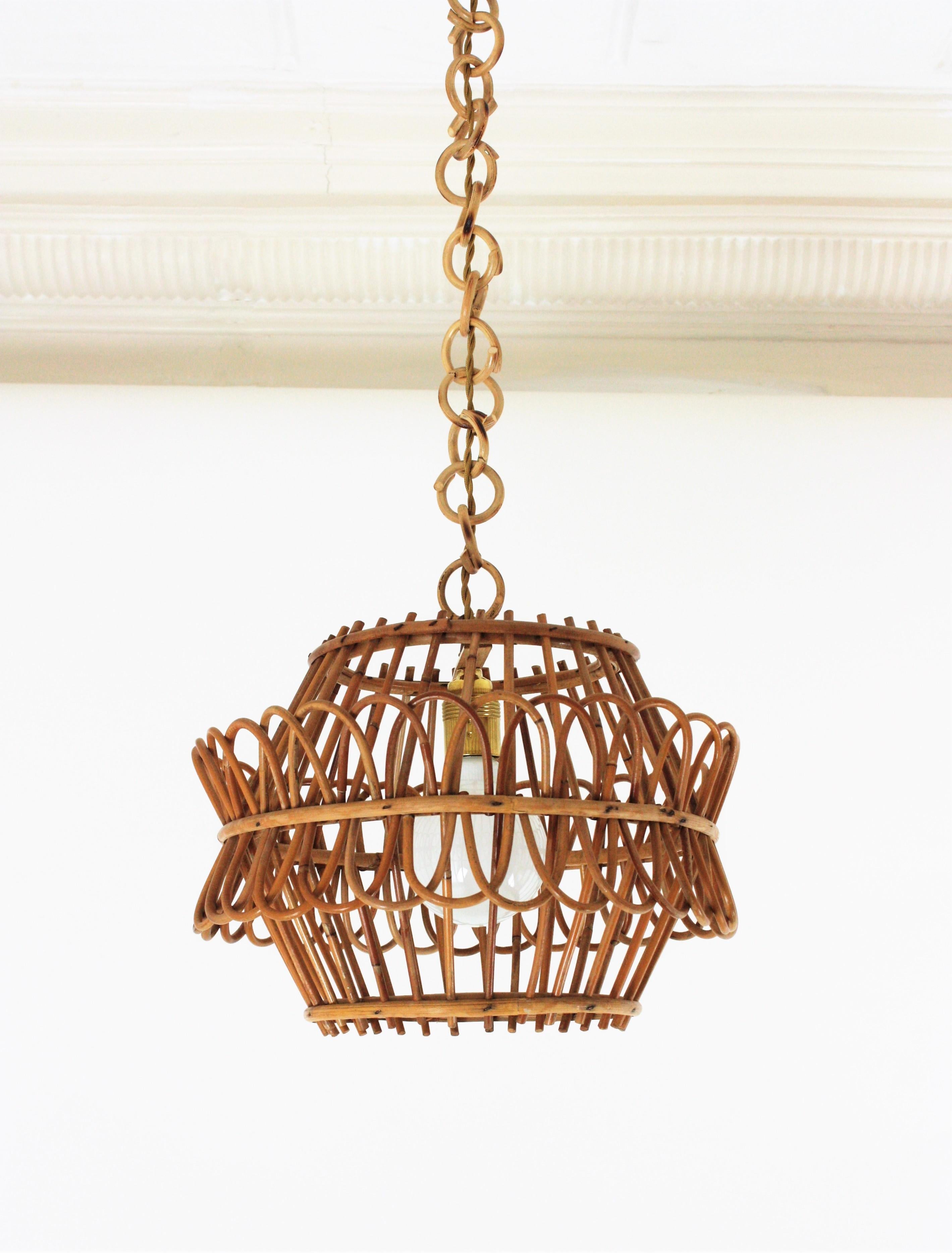 Hand-Crafted French Pendant Light or Lantern in Rattan, 1950s For Sale