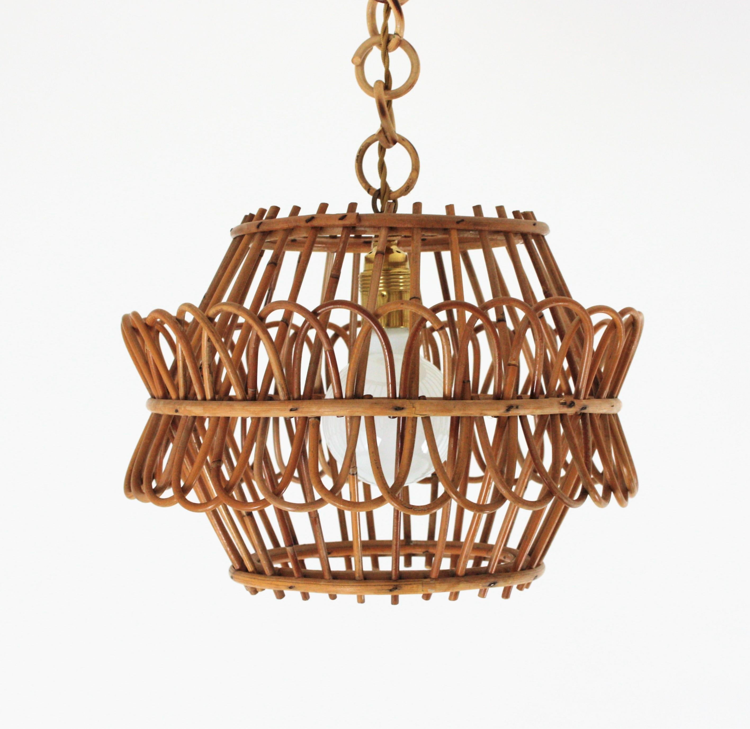 Hand-Crafted French Pendant Light or Lantern in Rattan, 1950s For Sale