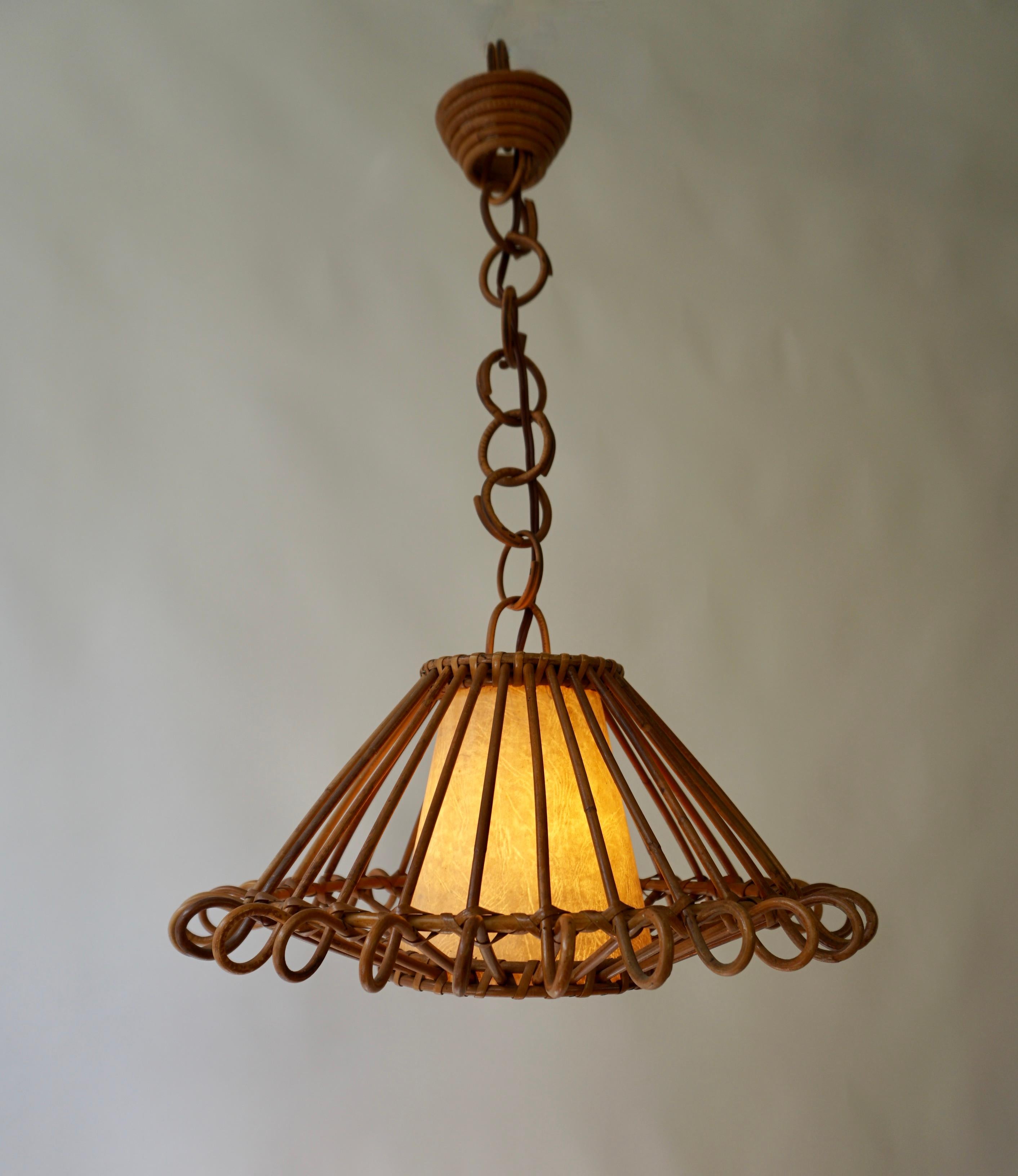 Cane French Pendant Light or Lantern in Rattan, 1950s For Sale