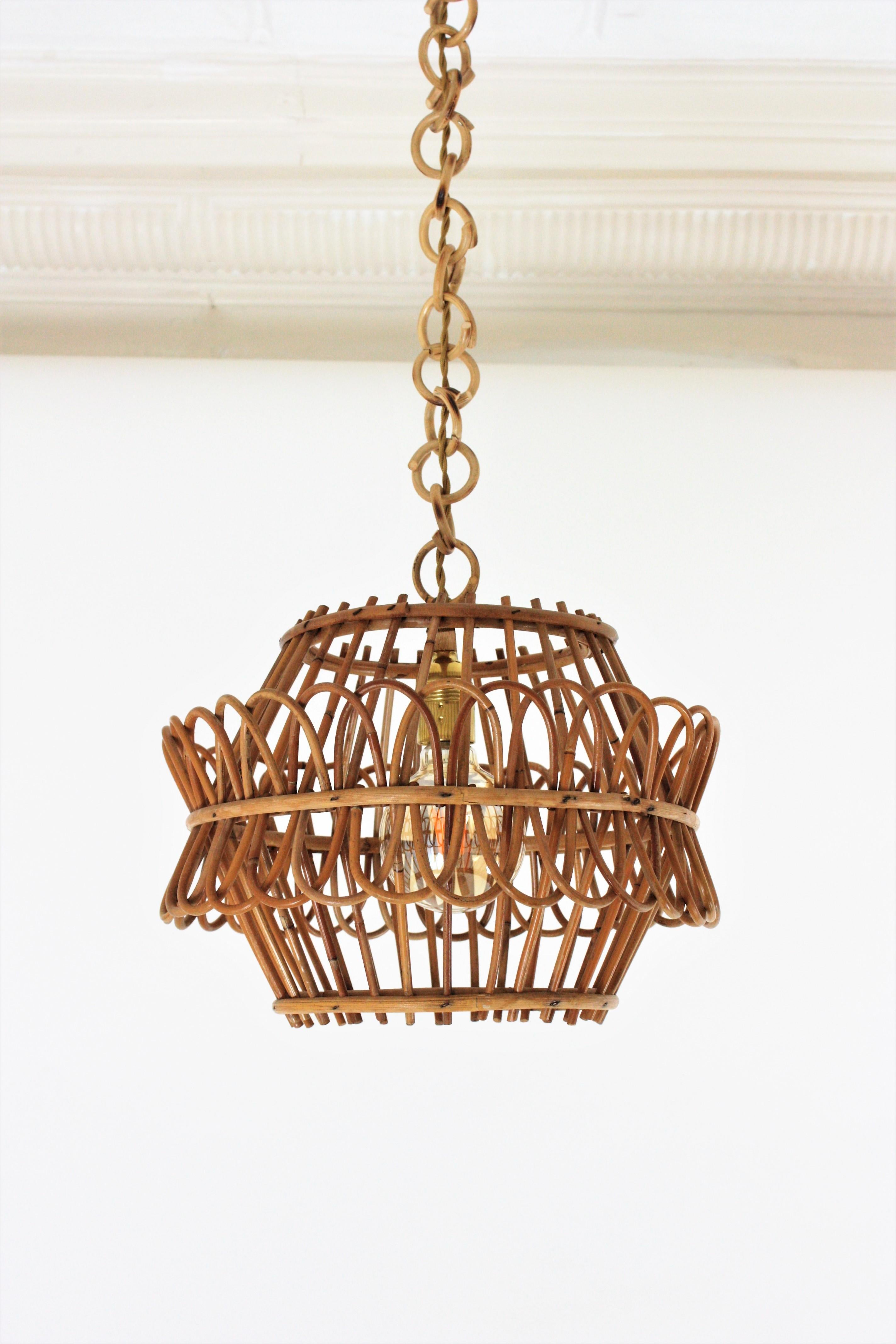 Bamboo French Pendant Light or Lantern in Rattan, 1950s For Sale