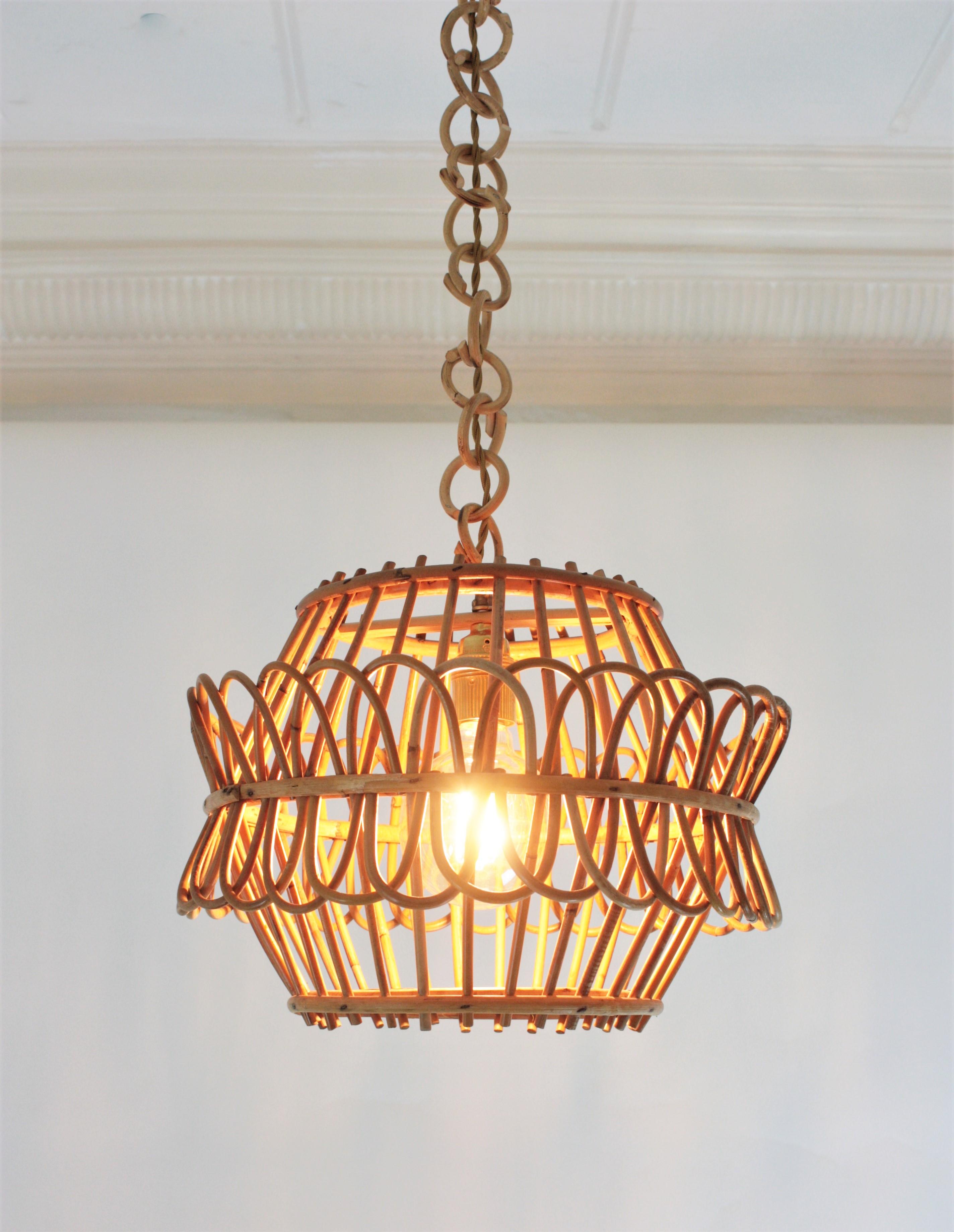 French Pendant Light or Lantern in Rattan, 1950s For Sale 1