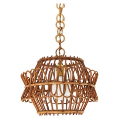 Lampe à suspension ou lanterne française en rotin, années 1950