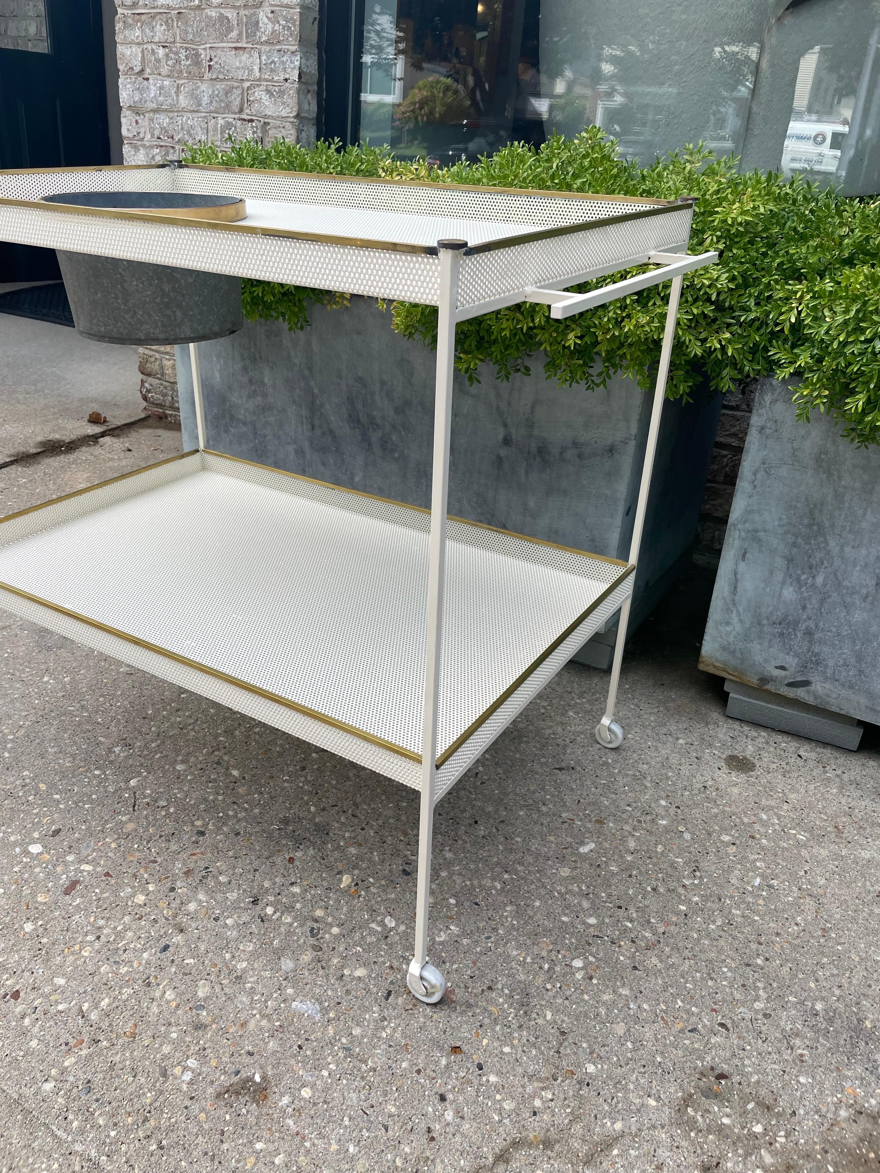 French Perforated Two-Tiered Metal Bar Cart w/ Brass Accents For Sale 6