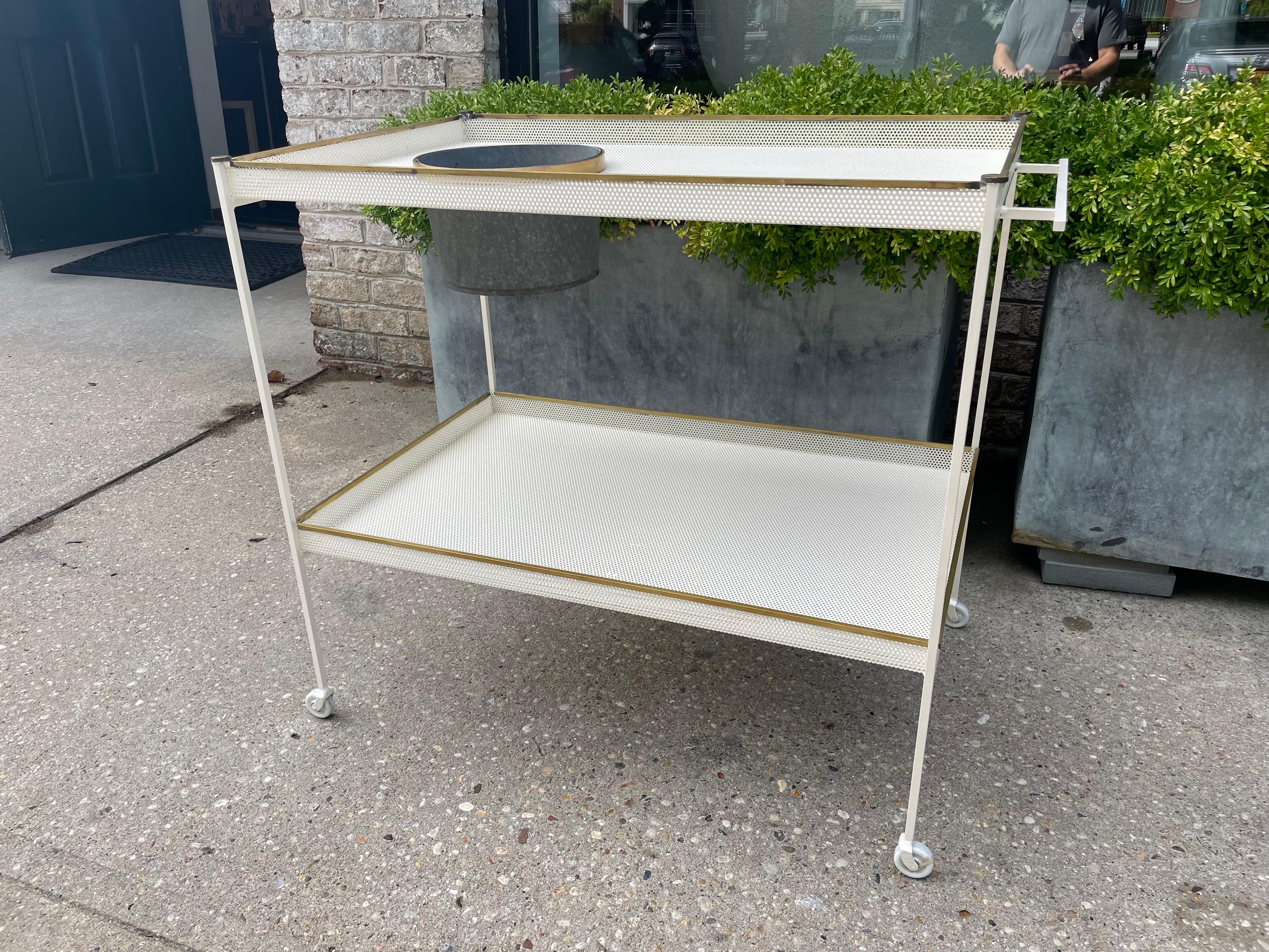 Mid-Century Modern French Perforated Two-Tiered Metal Bar Cart w/ Brass Accents For Sale