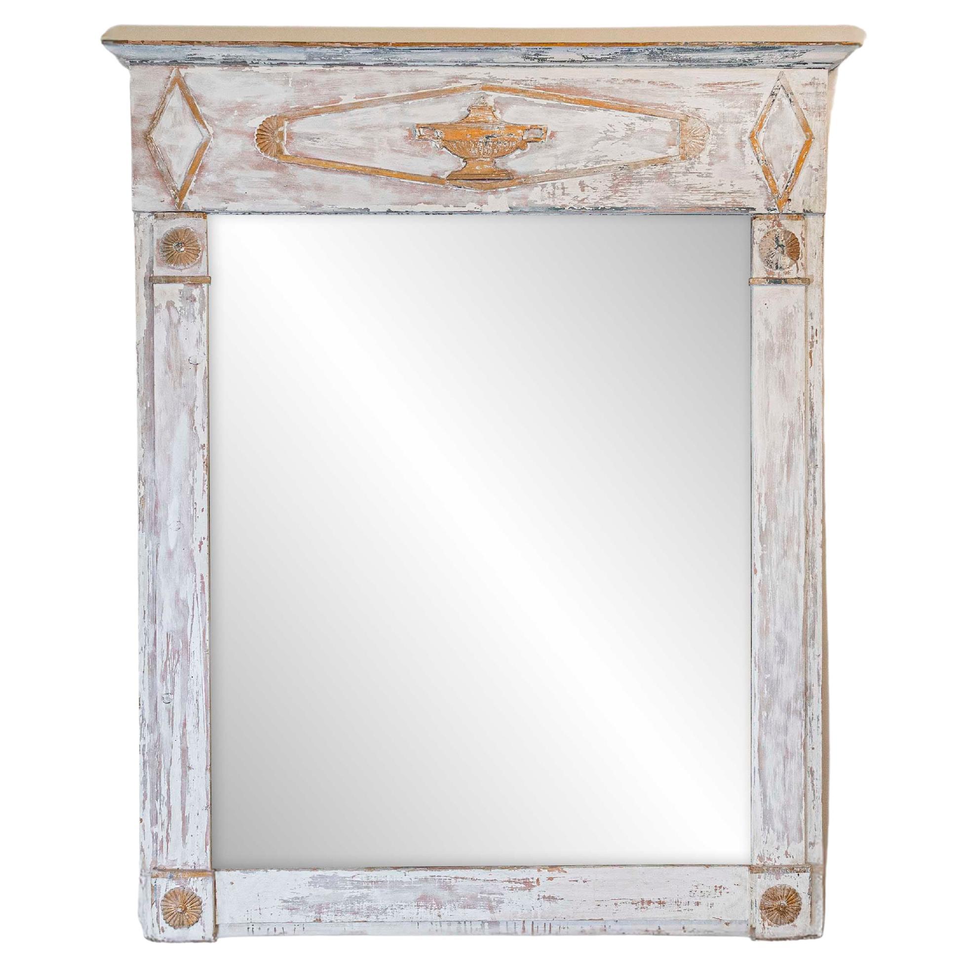 French Period Directoire Trumeau Mirror with Distressed Paint, Late 18th Century