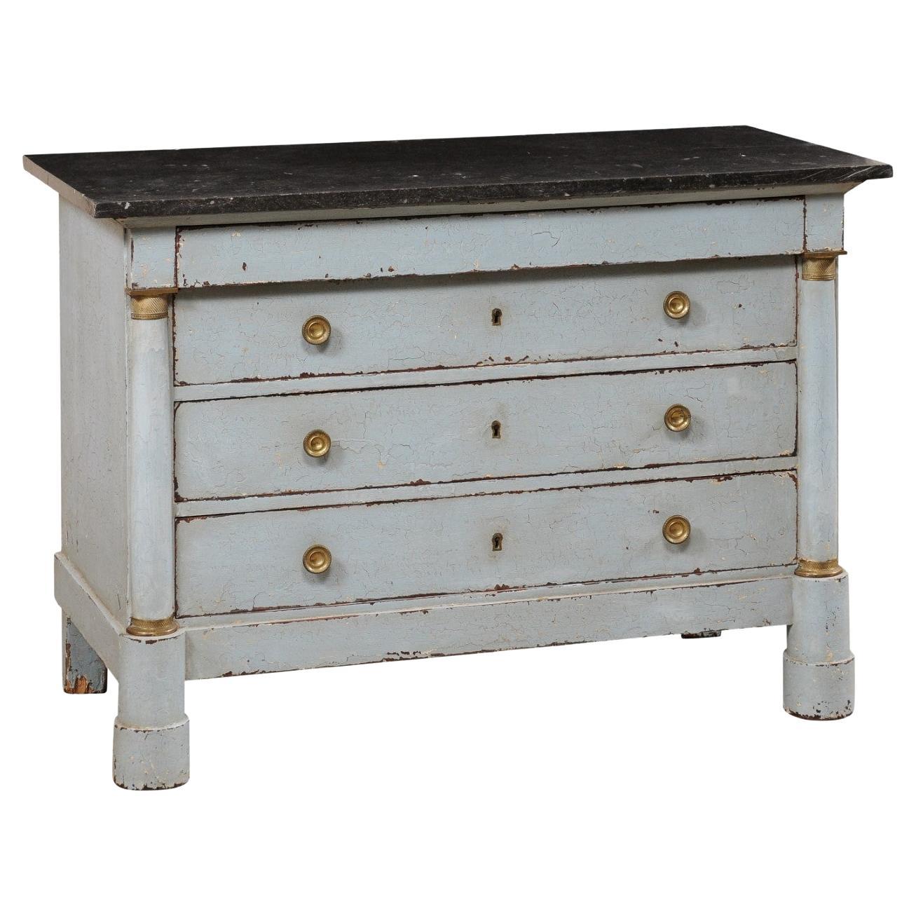 French Period Empire Marble Top Four Drawer Commode W/Brass Accents