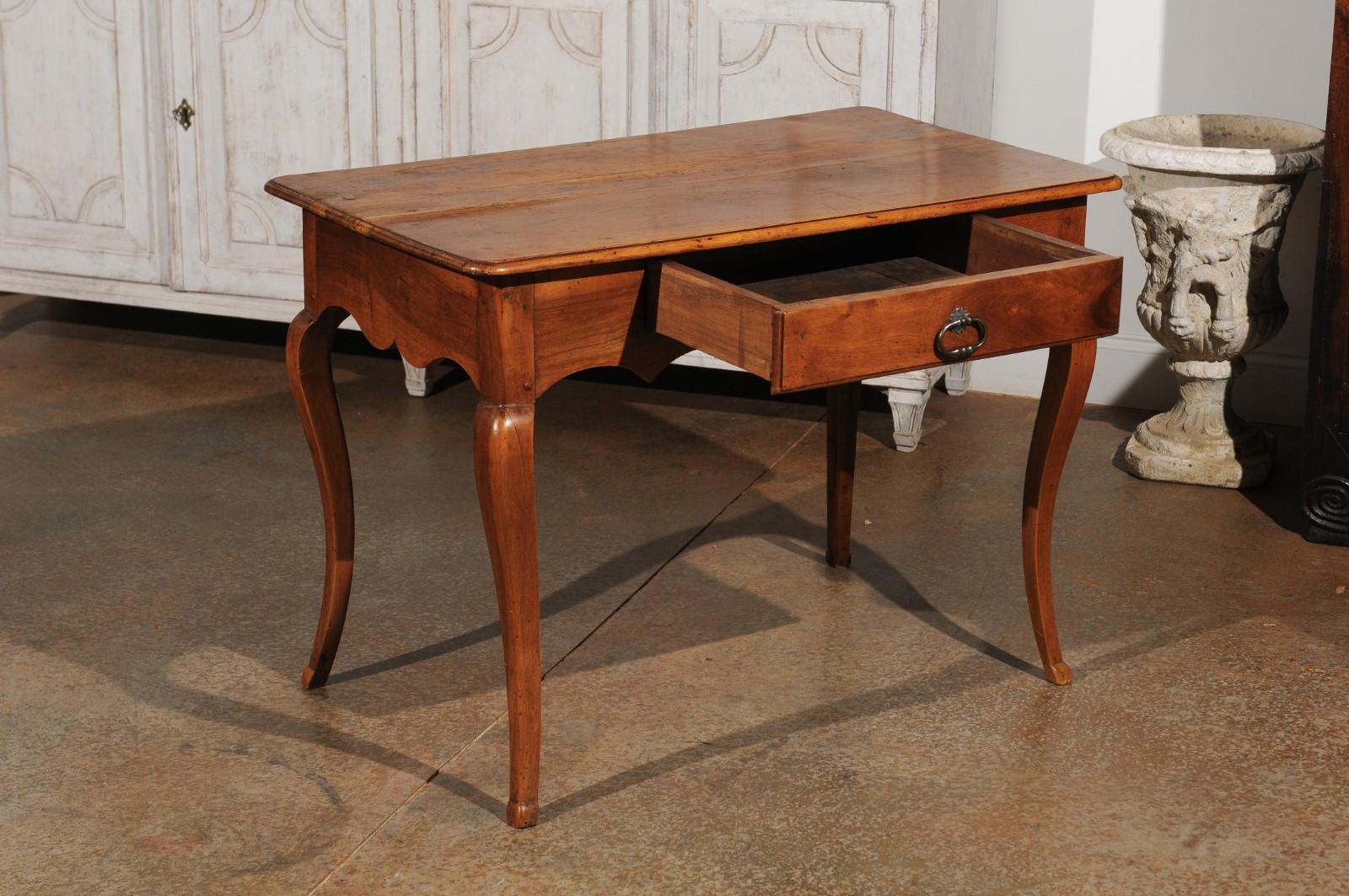 French Period Louis XV 18th Century Walnut Table with Drawer and Cabriole Legs 1