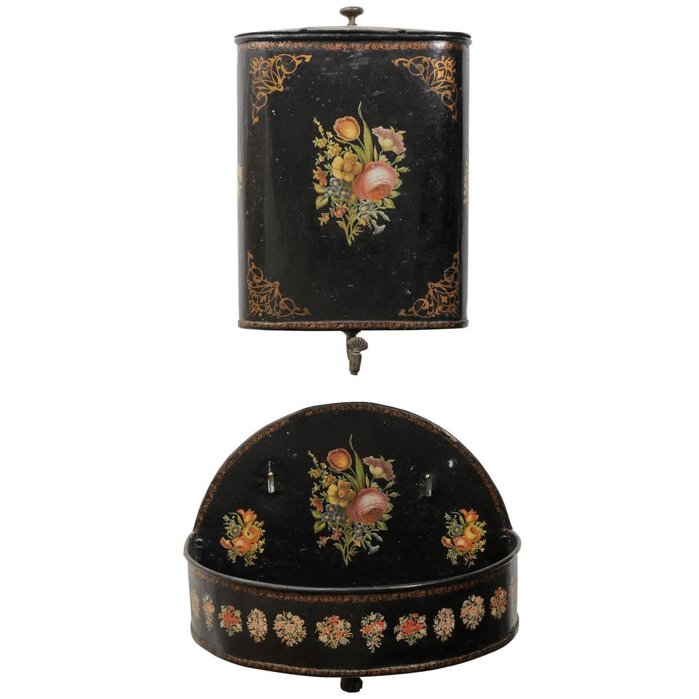 French Period Napoleon III Black Painted Tôle Lavabo with Floral Décor, 1870s For Sale