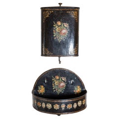 Antique French Period Napoleon III Black Painted Tôle Lavabo with Floral Décor, 1870s