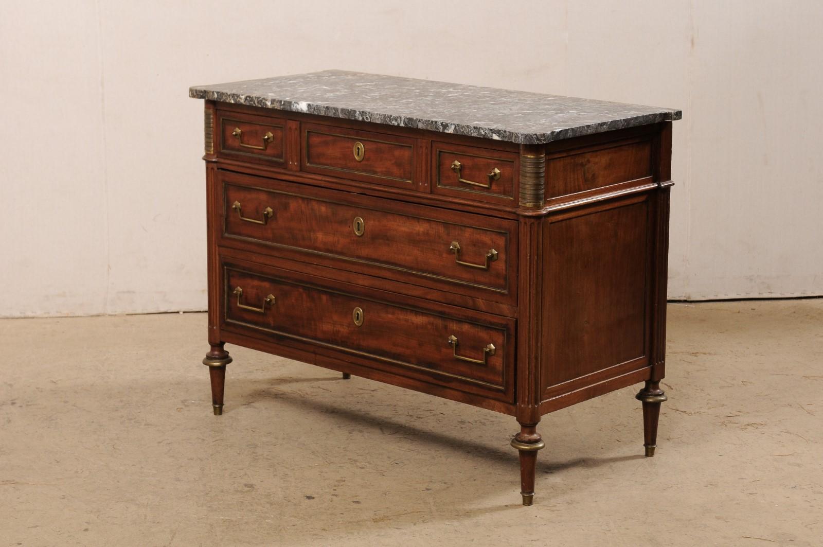 French Period Neoclassic Gray Marble-Top Commode w/Brass Accents For Sale 7