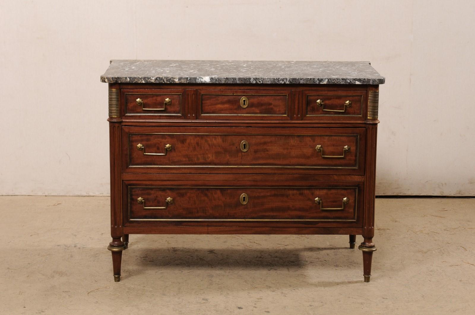 Neoclassical French Period Neoclassic Gray Marble-Top Commode w/Brass Accents For Sale