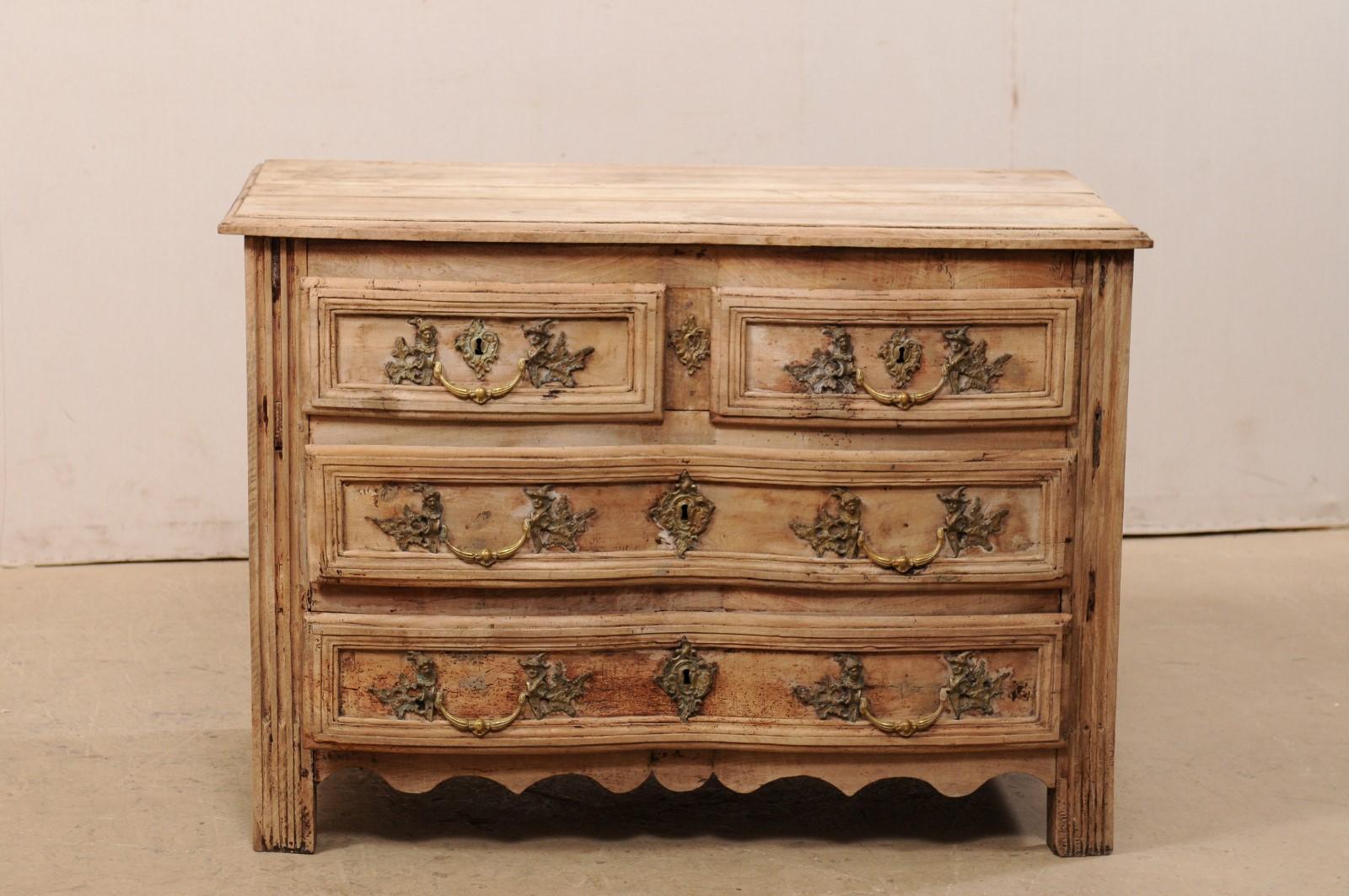 Bleached French Period Rococo Serpentine Front Carved-Wood Chest with Elaborate Hardware