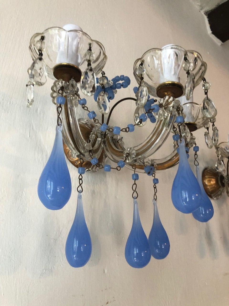 Early 20th Century French Periwinkle Murano Glass Opaline Sconces, circa 1920