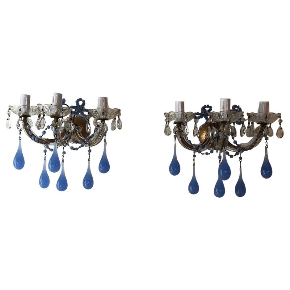 French Periwinkle Murano Glass Opaline Sconces, circa 1920
