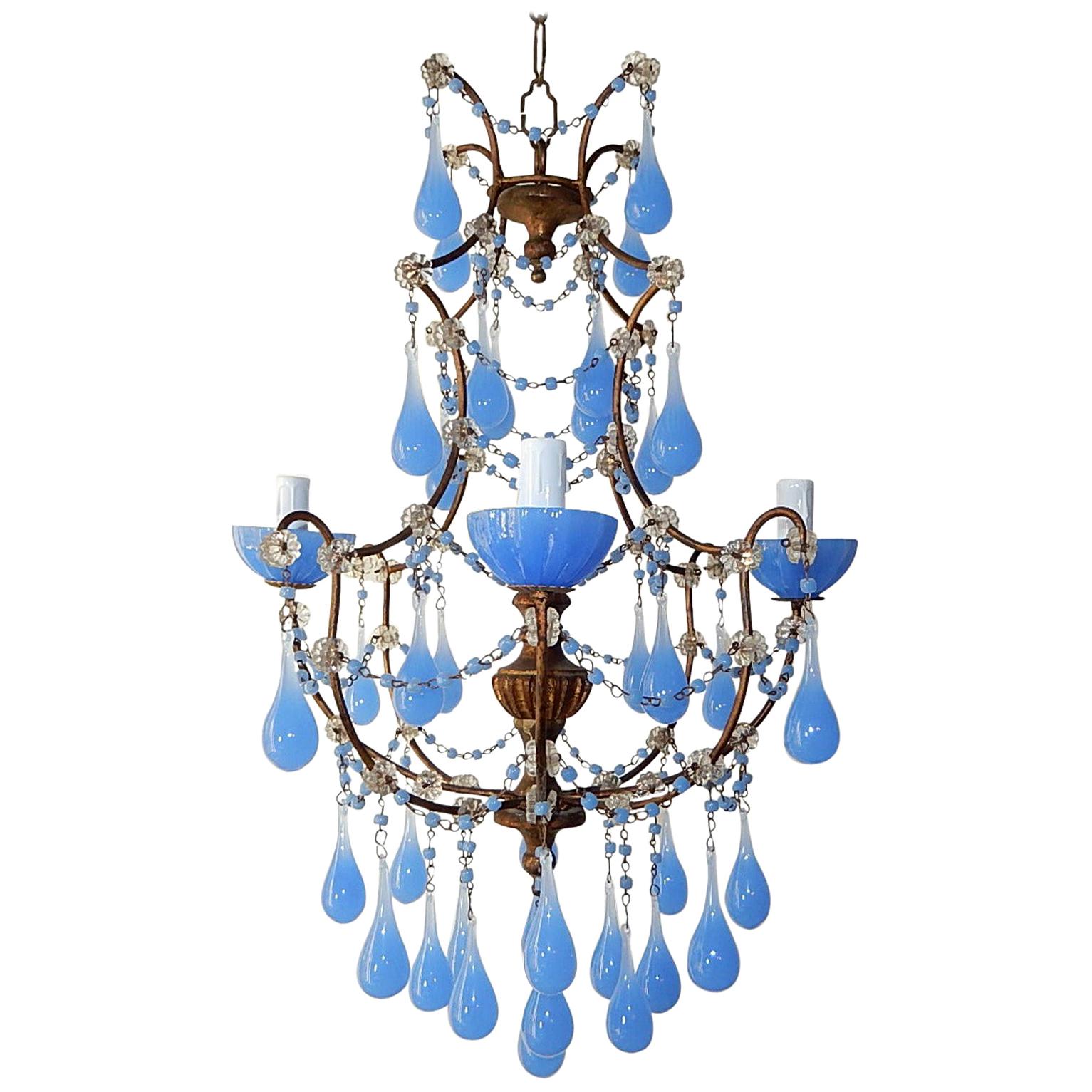 French Periwinkle Purple Lavender Opaline Drops, Chandelier, circa 1920