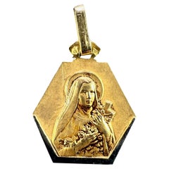 French Perriat St Therese 18K Yellow White Gold Charm Medal Pendant