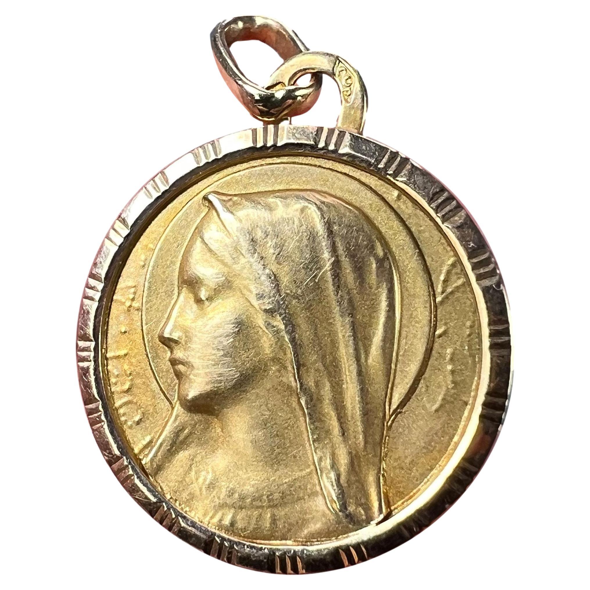 French Perriat Virgin Mary 18K Yellow Gold Pendant Charm For Sale