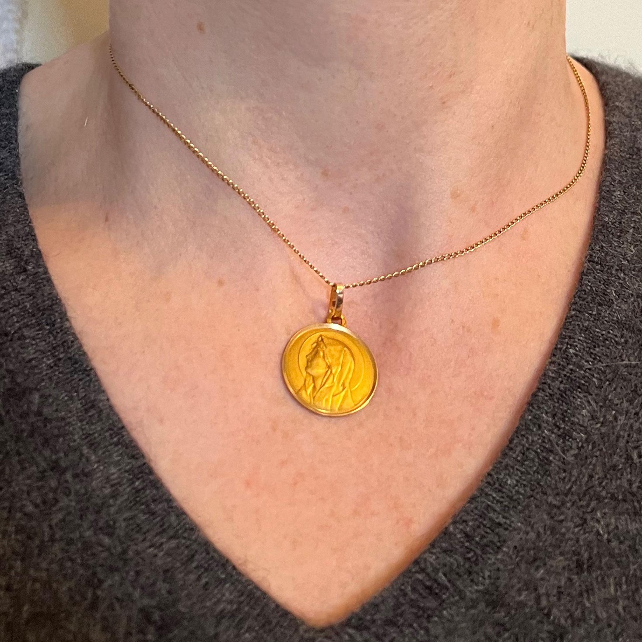 Women's or Men's French Perriat Virgin Mary 18K Yellow Gold Religious Medal Pendant