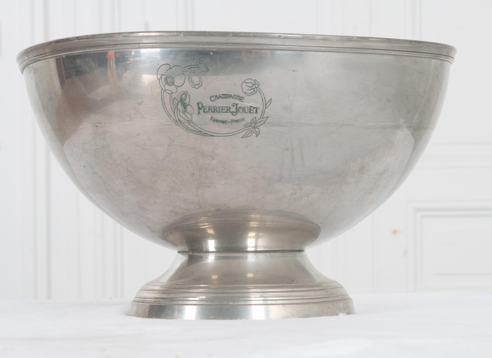 A very well made nickel finish Champagne cooler made in Italy for the French producer, Perrier Jouet. With ample size and good weight, this cooler was produced for the professional restaurant market. Inscribed front and back with, 