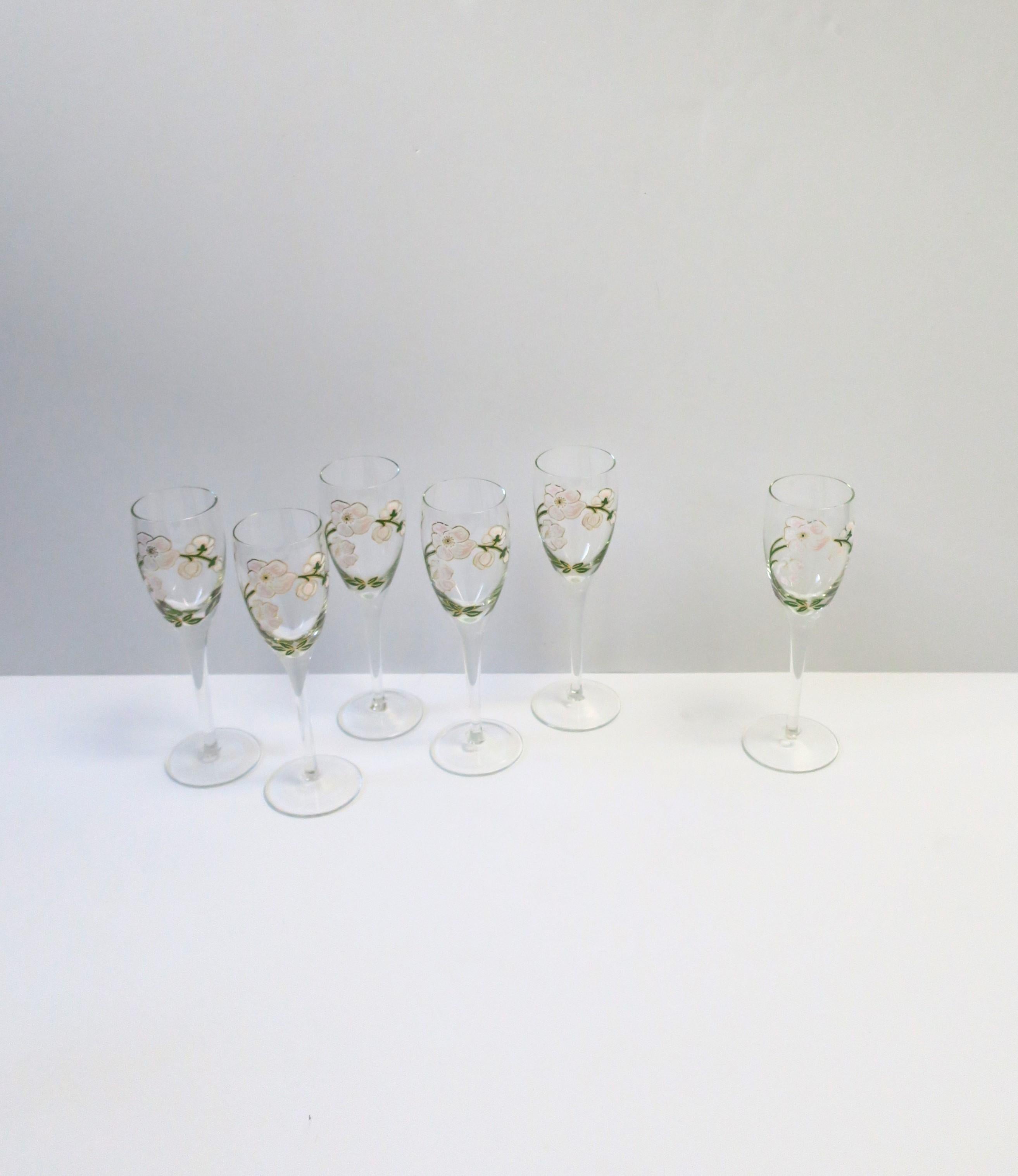 Polychromed French Perrier-Jouet Champagne Flutes Glasses Art Nouveau, Set of 6 For Sale