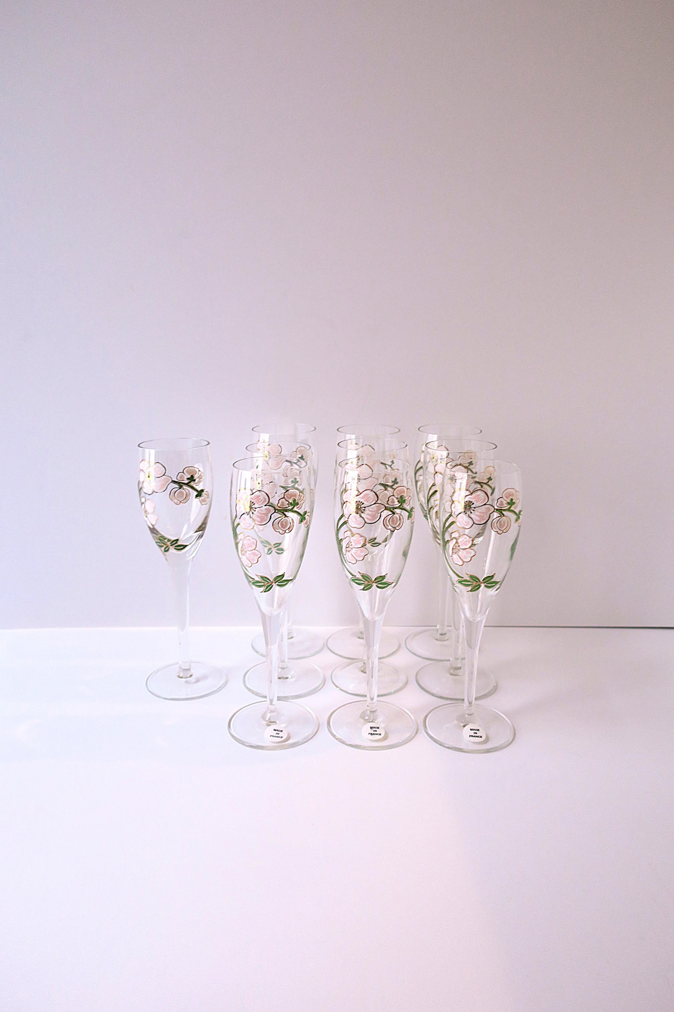 Polychromed French Perrier-Jouet Champagne Flutes Glasses Art Nouveau, Set of 10 For Sale