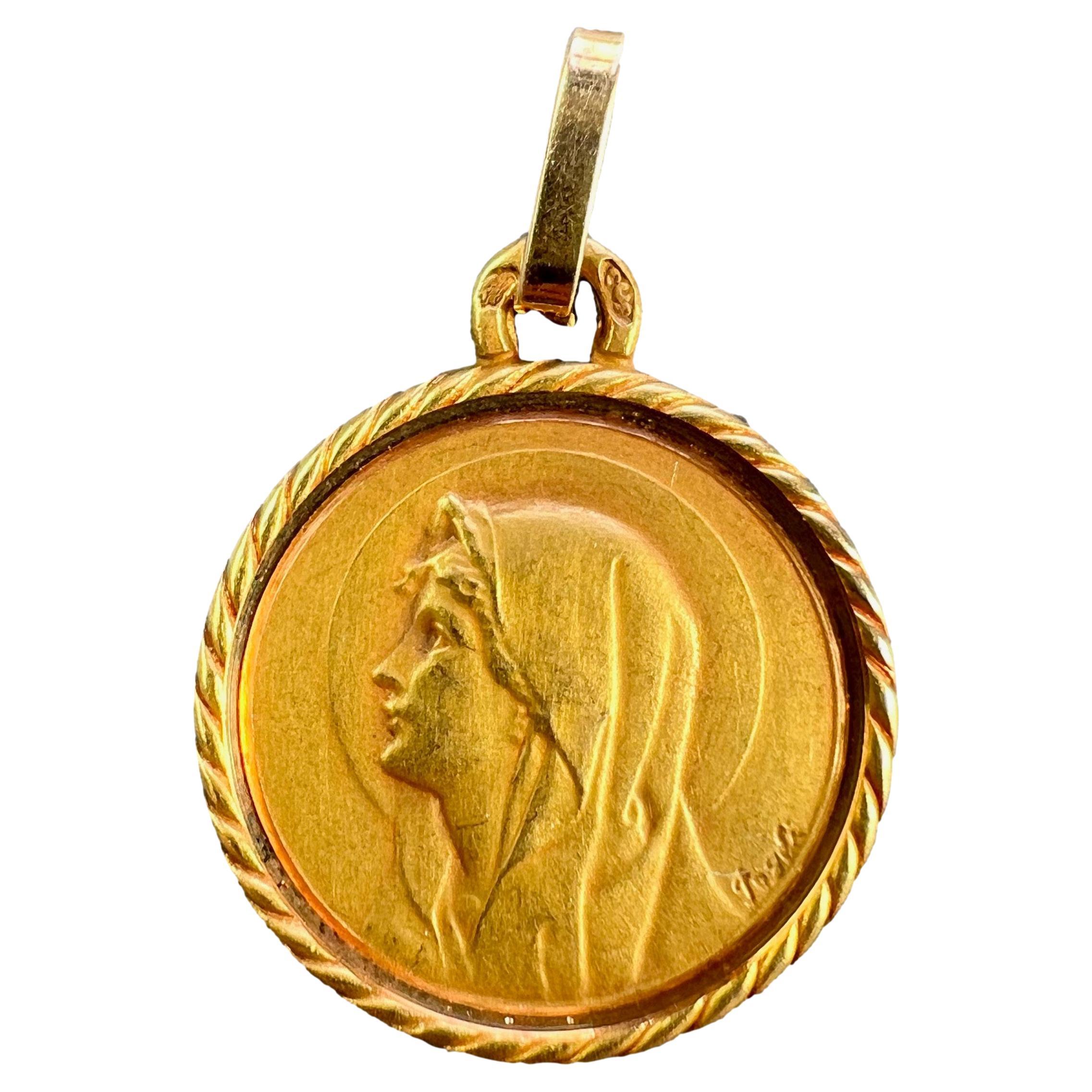 French Perroud Pagdi 18K Yellow Gold Virgin Mary Medal Pendant For Sale