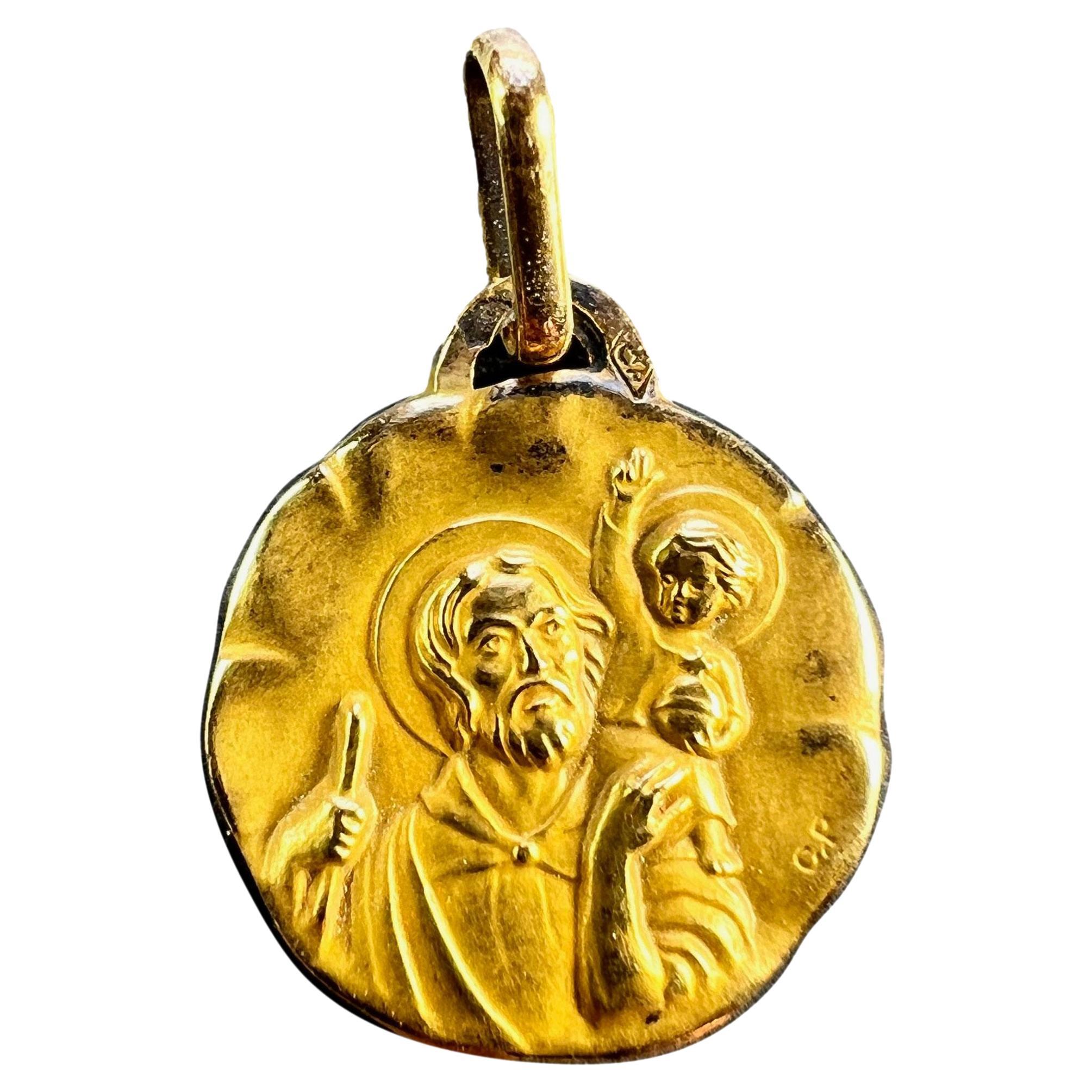 French Perroud Saint Christopher 18K Yellow Gold Medal Pendant For Sale