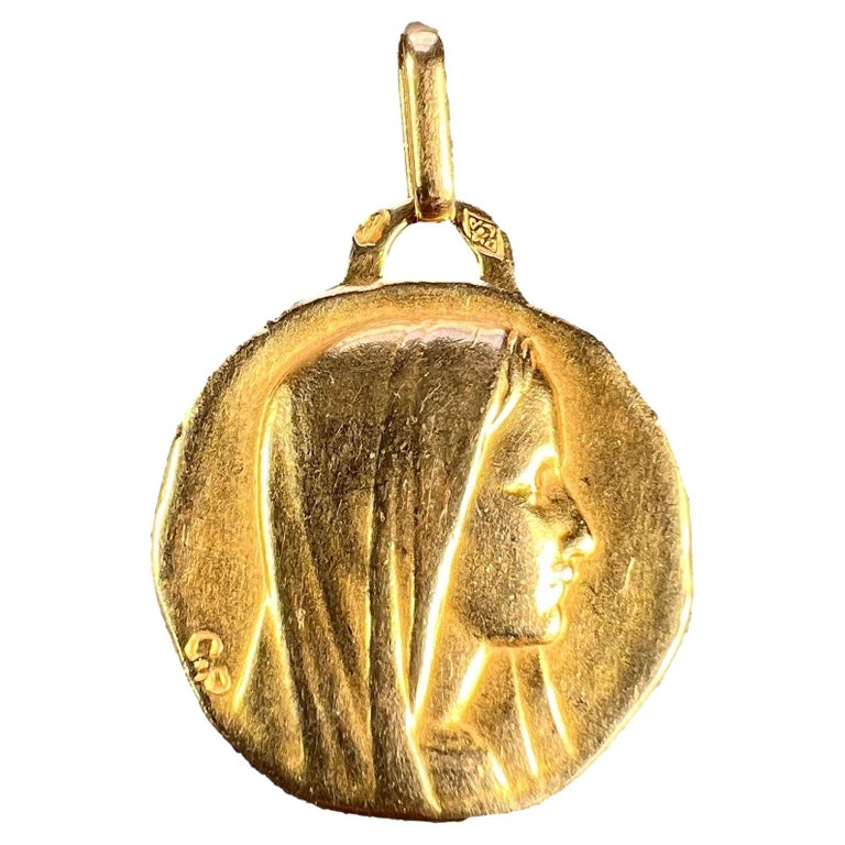 French Perroud Virgin Mary 18K Yellow Gold Charm Pendant  For Sale