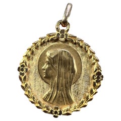 French Perroud Virgin Mary Flowers Leaves Wreath 18K Yellow Gold Medal Charm Pen