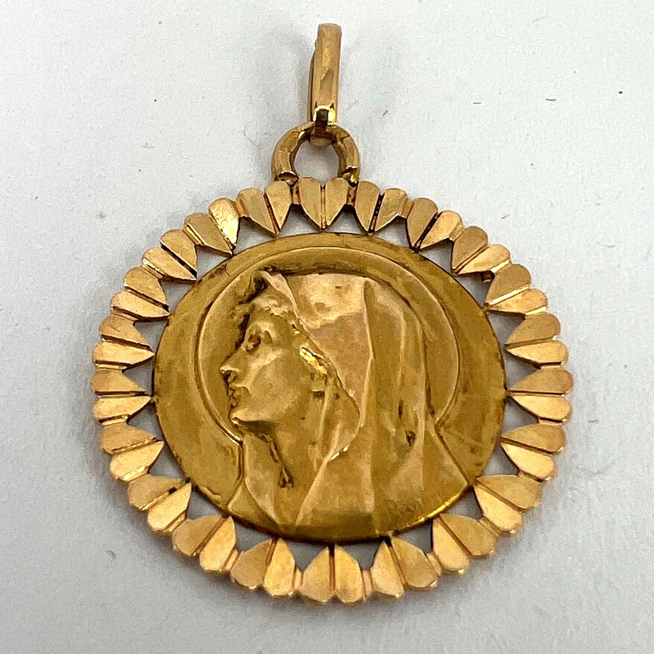 French Perroud Virgin Mary Heart Frame 18K Yellow Gold Medal Charm Pendant For Sale 8