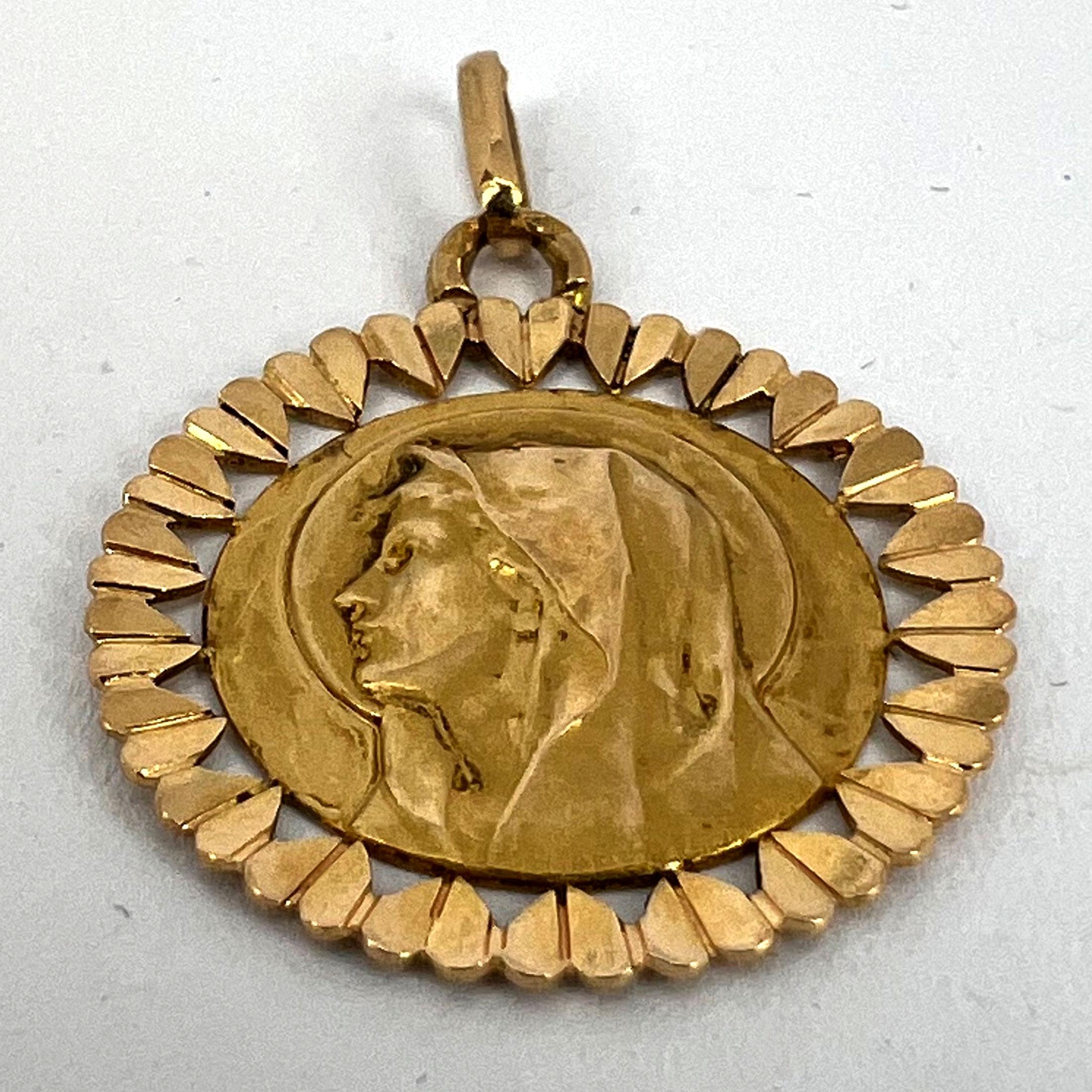 French Perroud Virgin Mary Heart Frame 18K Yellow Gold Medal Charm Pendant For Sale 9
