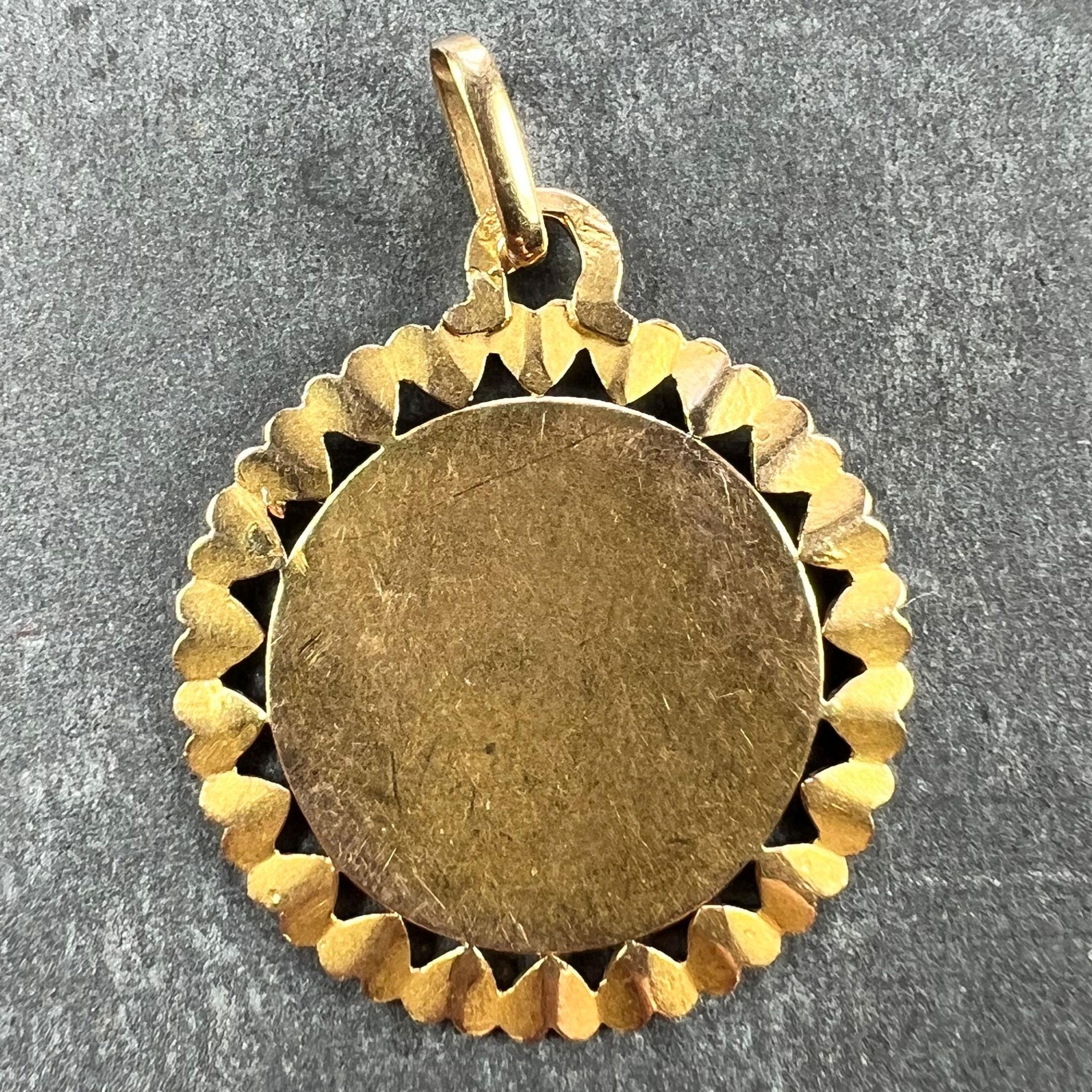 French Perroud Virgin Mary Heart Frame 18K Yellow Gold Medal Charm Pendant In Good Condition For Sale In London, GB