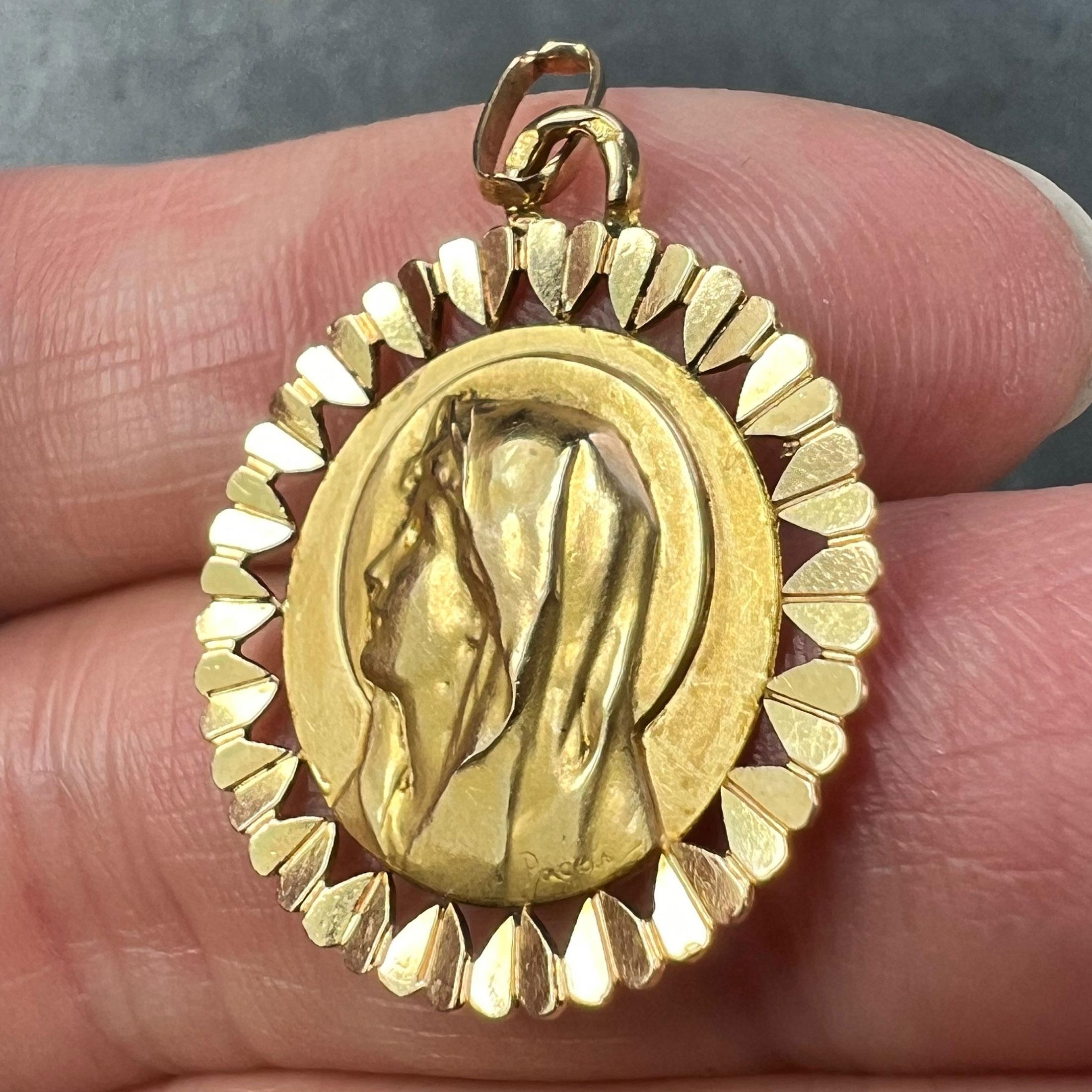 French Perroud Virgin Mary Heart Frame 18K Yellow Gold Medal Charm Pendant For Sale 2
