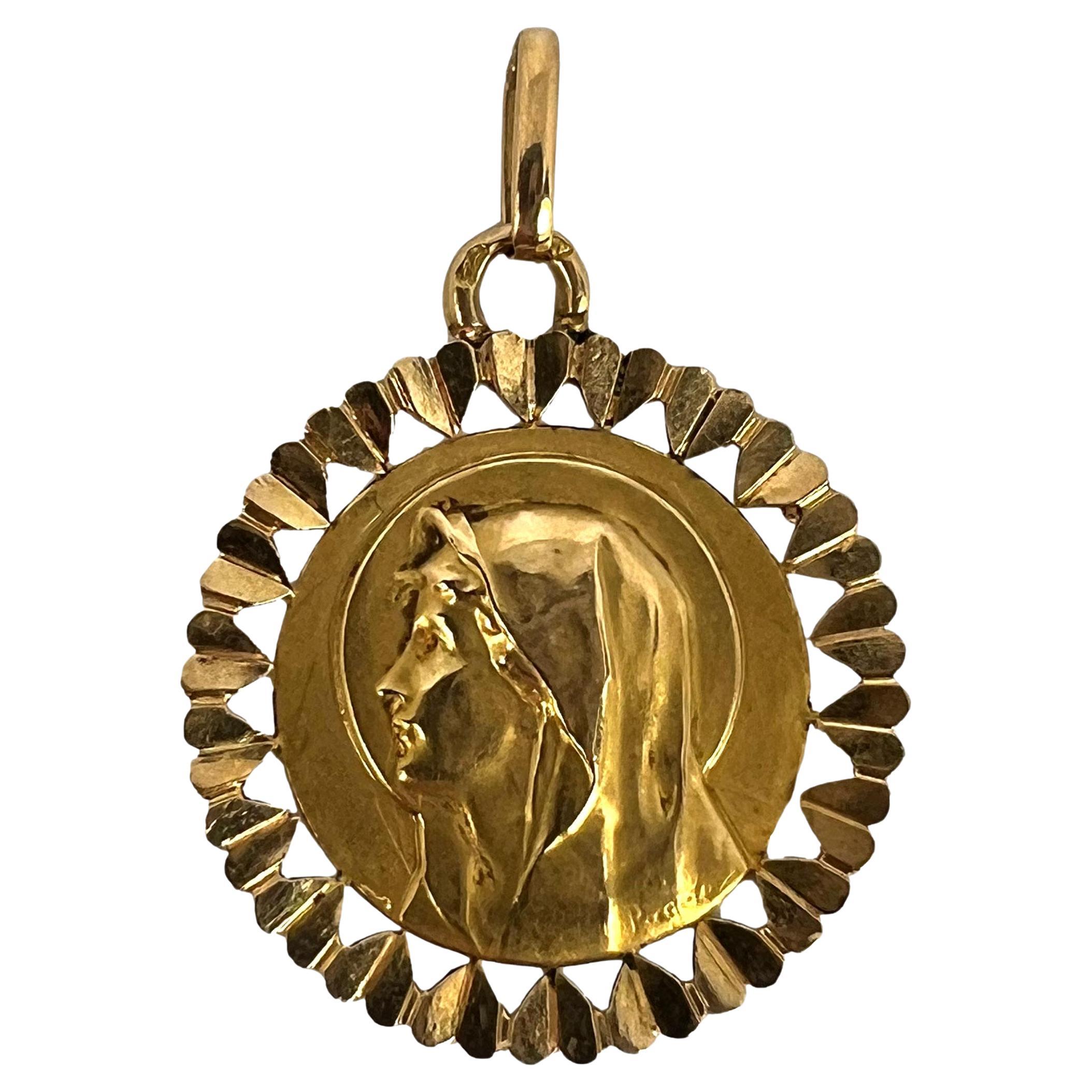 French Perroud Virgin Mary Heart Frame 18K Yellow Gold Medal Charm Pendant