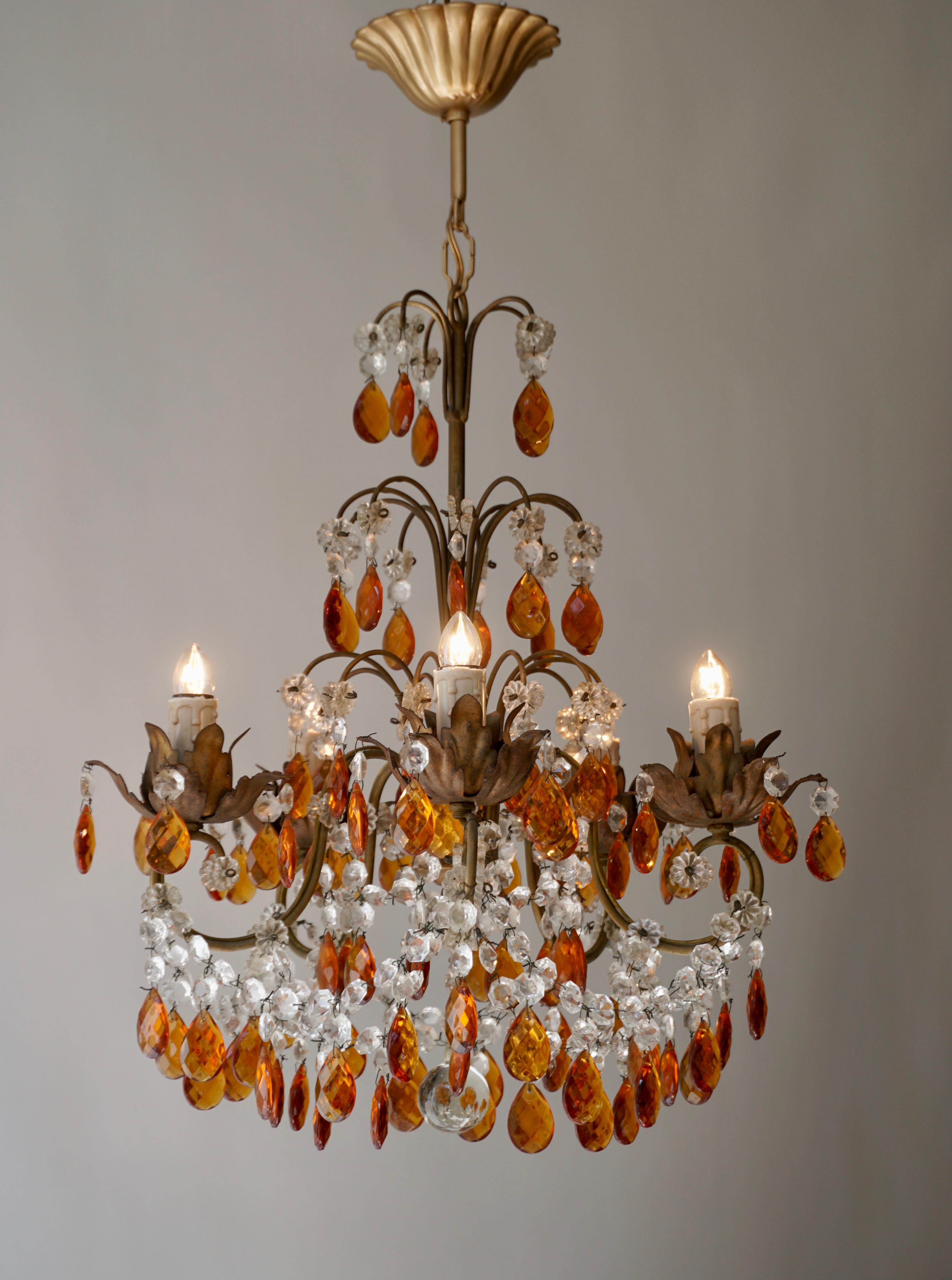 Hollywood Regency French Petit Amber and Crystal Beads Chandelier For Sale