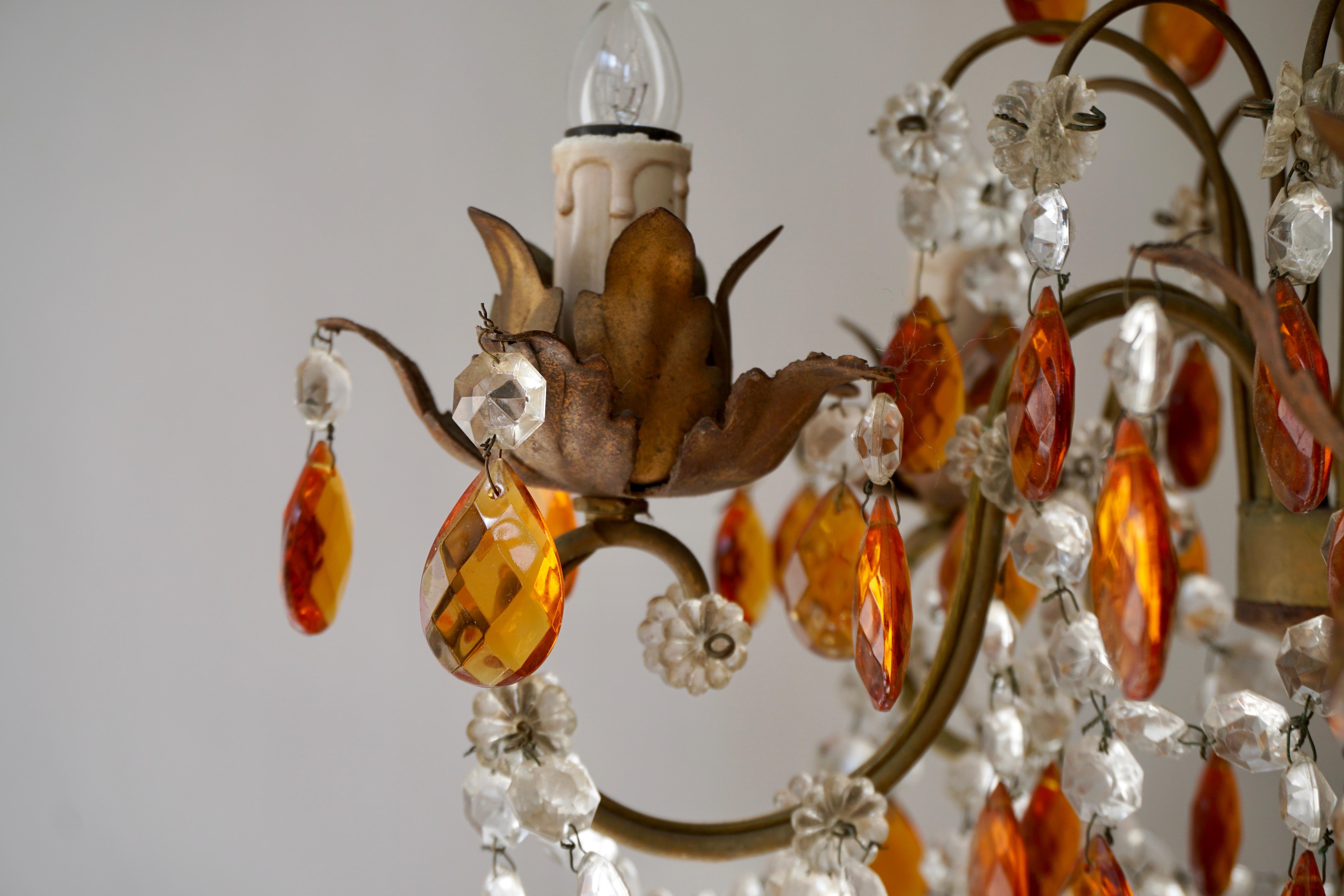 20th Century French Petit Amber and Crystal Beads Chandelier For Sale