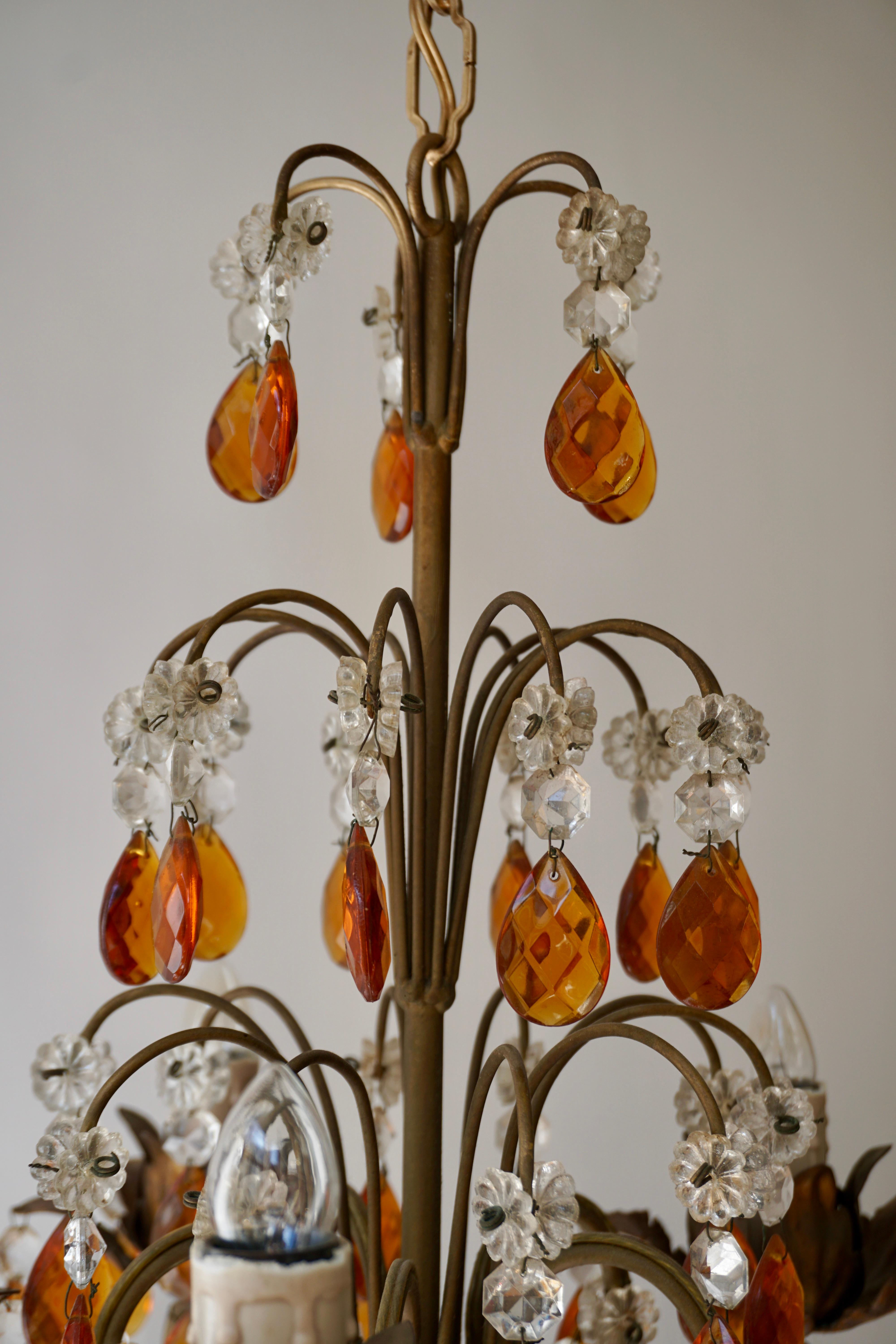 Brass French Petit Amber and Crystal Beads Chandelier For Sale