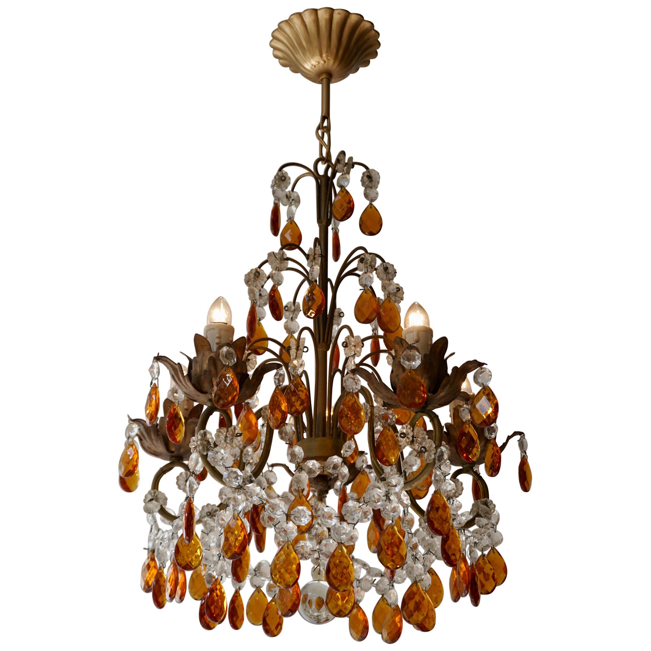 French Petit Amber and Crystal Beads Chandelier