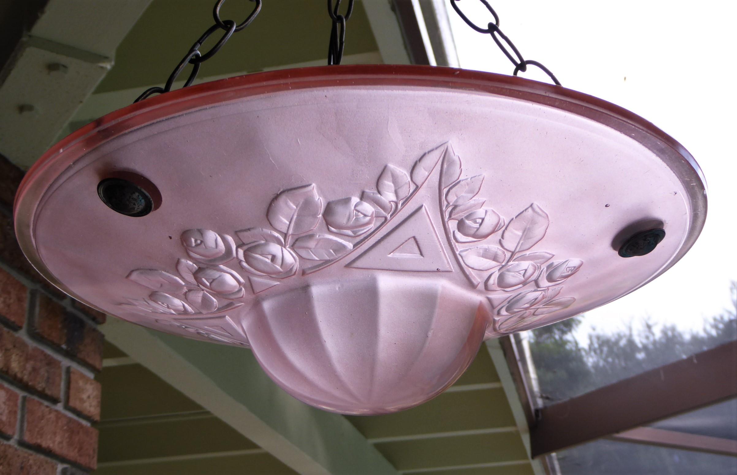 French Petit Art Deco Frosted Pink Glass Pendant 7