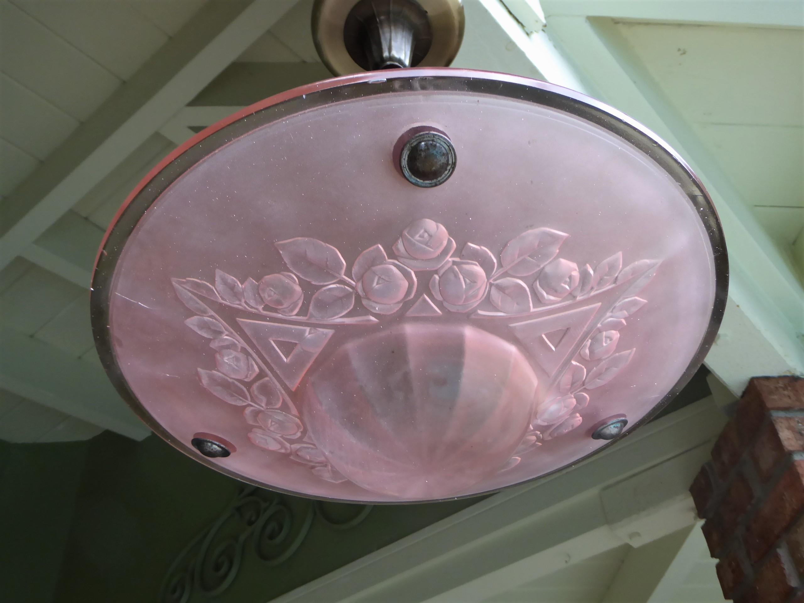 French Petit Art Deco Frosted Pink Glass Pendant 2